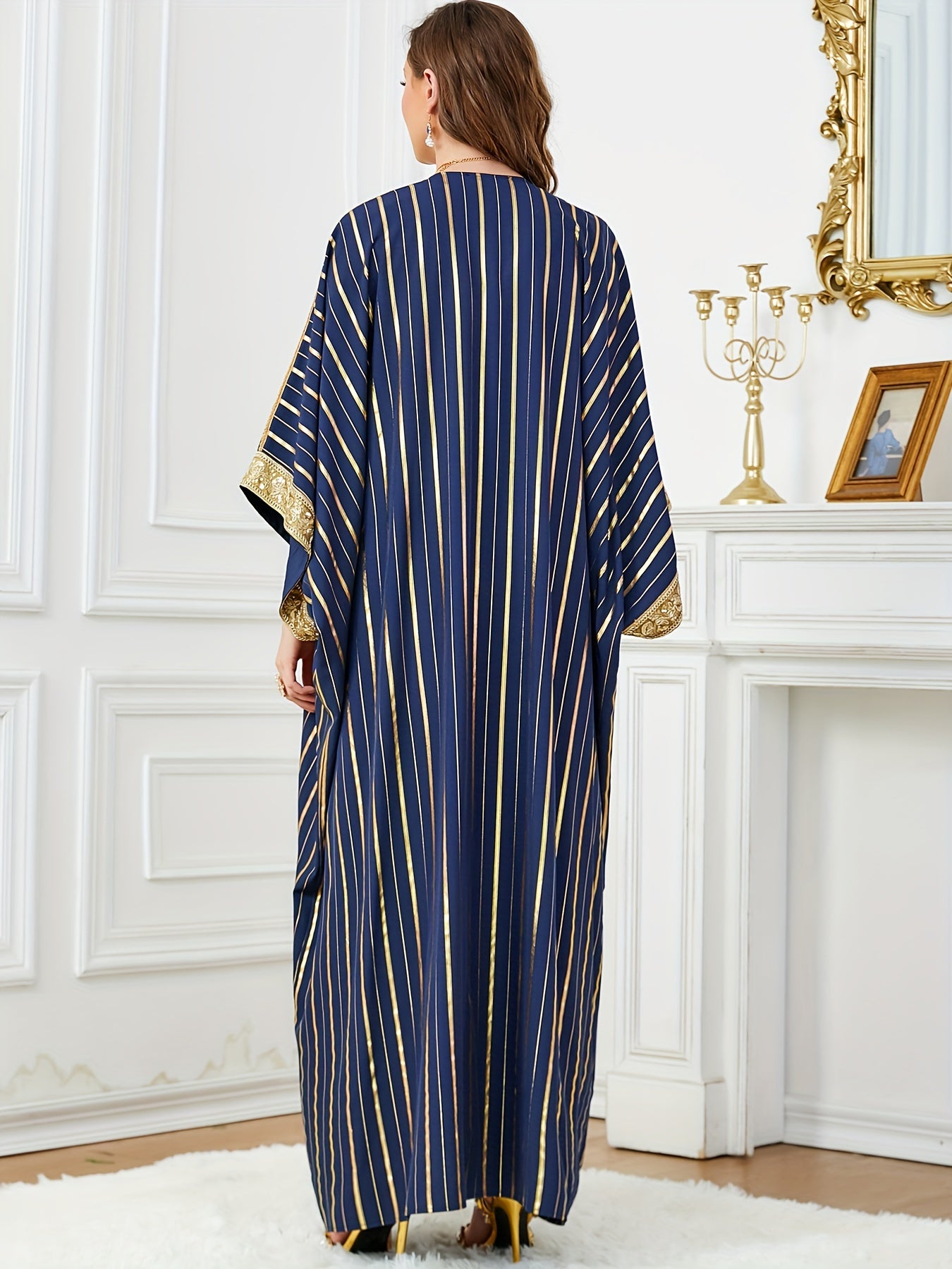 Oriented Spot Middle East Dubai Muslim Women's Abaya Four Seasons Round Neck Ramadan New Long Dress Regular Fit Ultra Thick Texture Super Soft Fabric Open Front Two-Piece Set Golden Belt