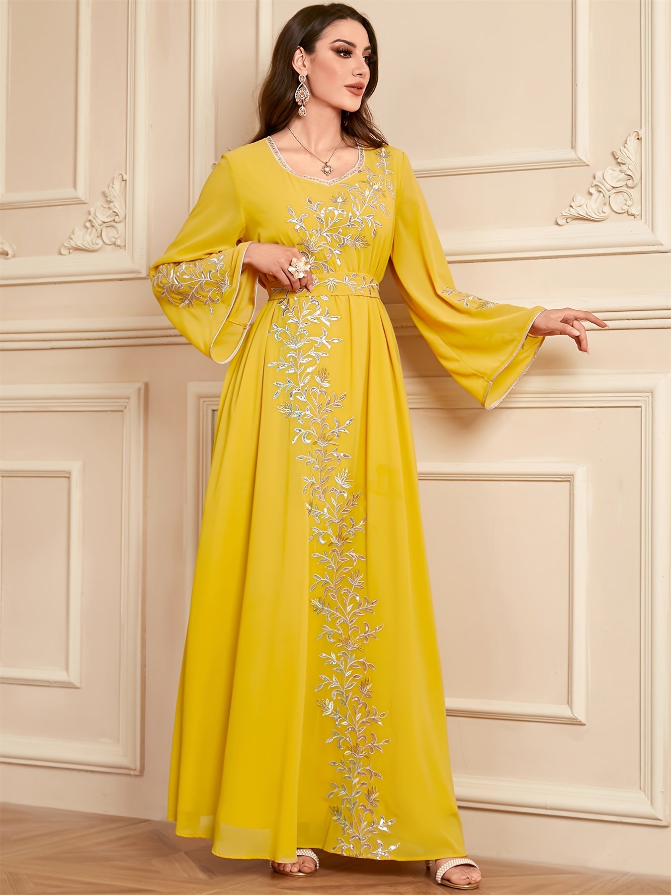 Elegant Embroidered Abaya Dress - Loose Fit, Machine Washable Polyester Modest Kebaya for Women with Belt