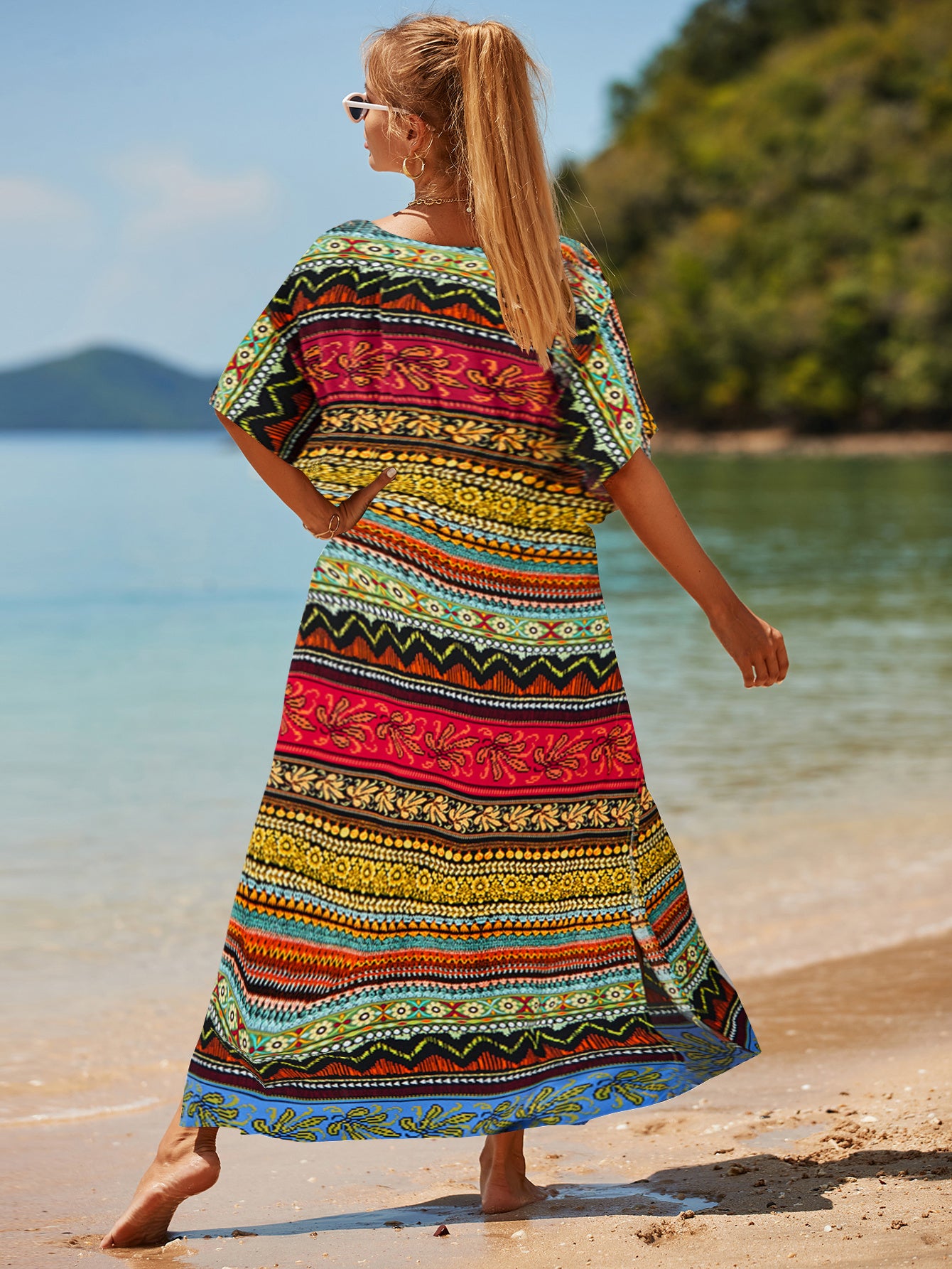 Boho Chic Arabic Dress - Monochrome Stripe Swimsuit Cover Up, Long Split Side Kaftan with V-Neck for Beach Wedding & Vacation