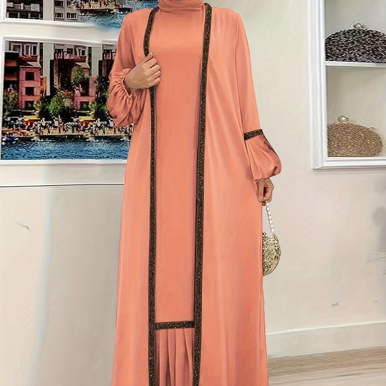 Abaya Contrast Trim Elegant Two Piece Set, Ruffle Hem Tank Dress & Lantern Sleeve Open Front Cardigan Outfits, Women's Clothing