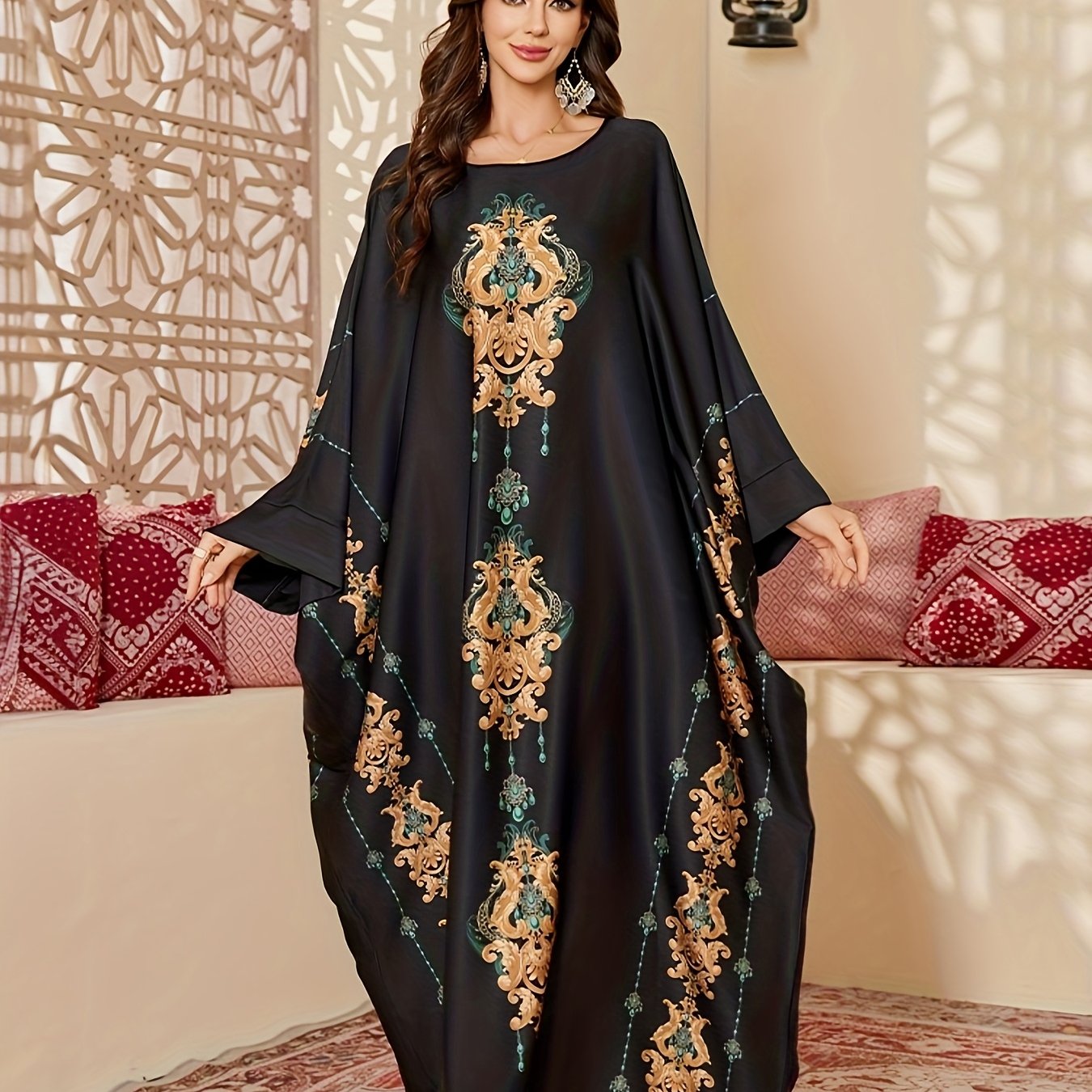 Middle Eastern Festival Women's Printed Cover-Up Robe Gift, Elegant and Comfortable One-Size Sleep Robe