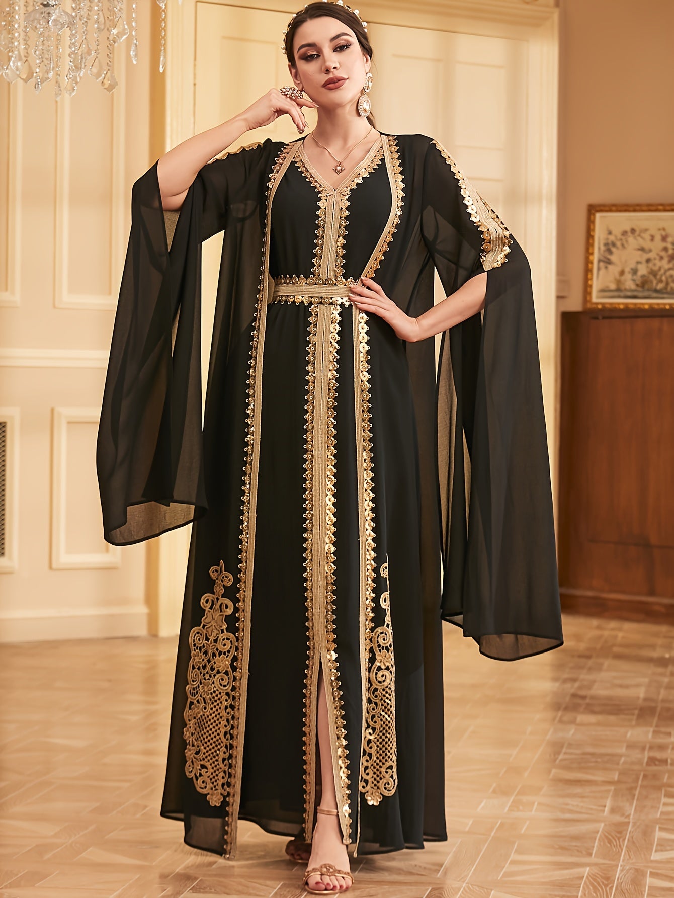 Two-piece Set: Fashion Embroidered Vest with Waist Cincher and Long Skirt + Cardigan with Sequins and Split Long Sleeves Abaya Gown Dress