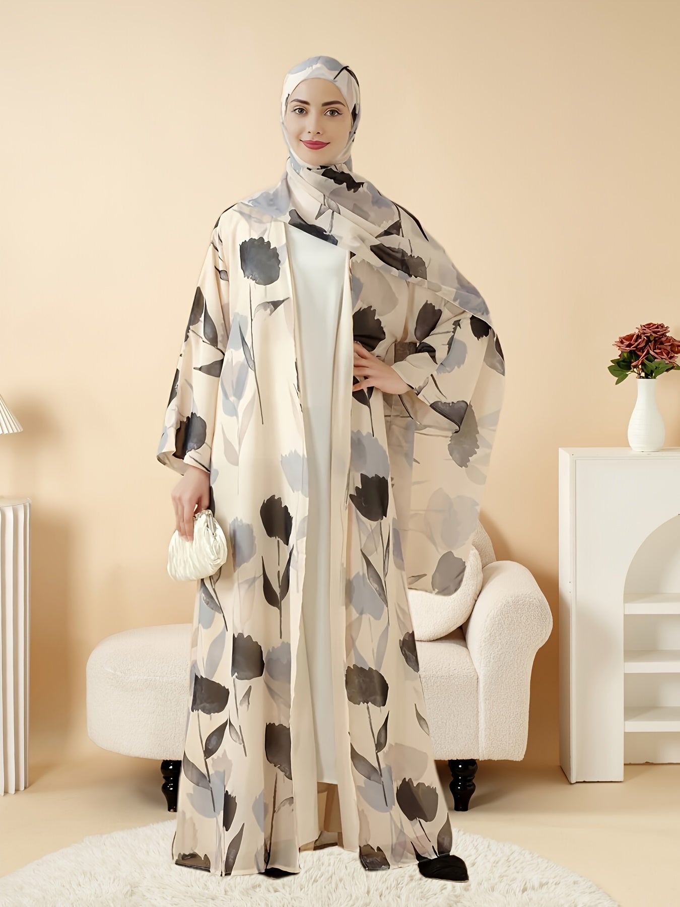 Elegant Floral Print Abaya Set - Lightweight, Open Front Long Robe with Matching Garment, Polyester, Non-Stretch Fabric, Perfect for Summer, Middle Eastern Fashion