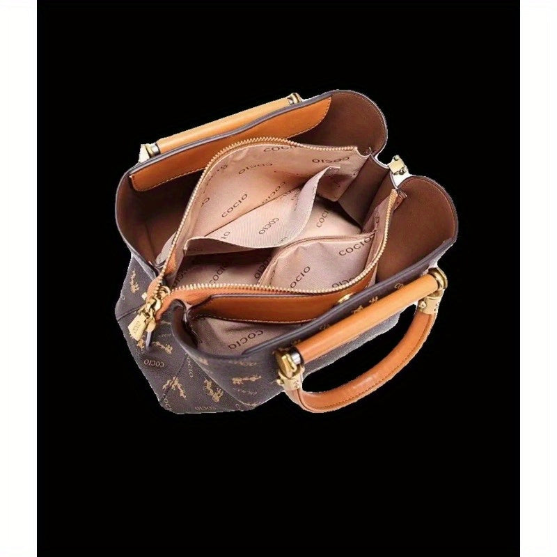 Genuine Leather Women's Printed Handbag, Multi-Way Carry (Handheld/Shoulder/Crossbody), Tote Bag for Daily Use