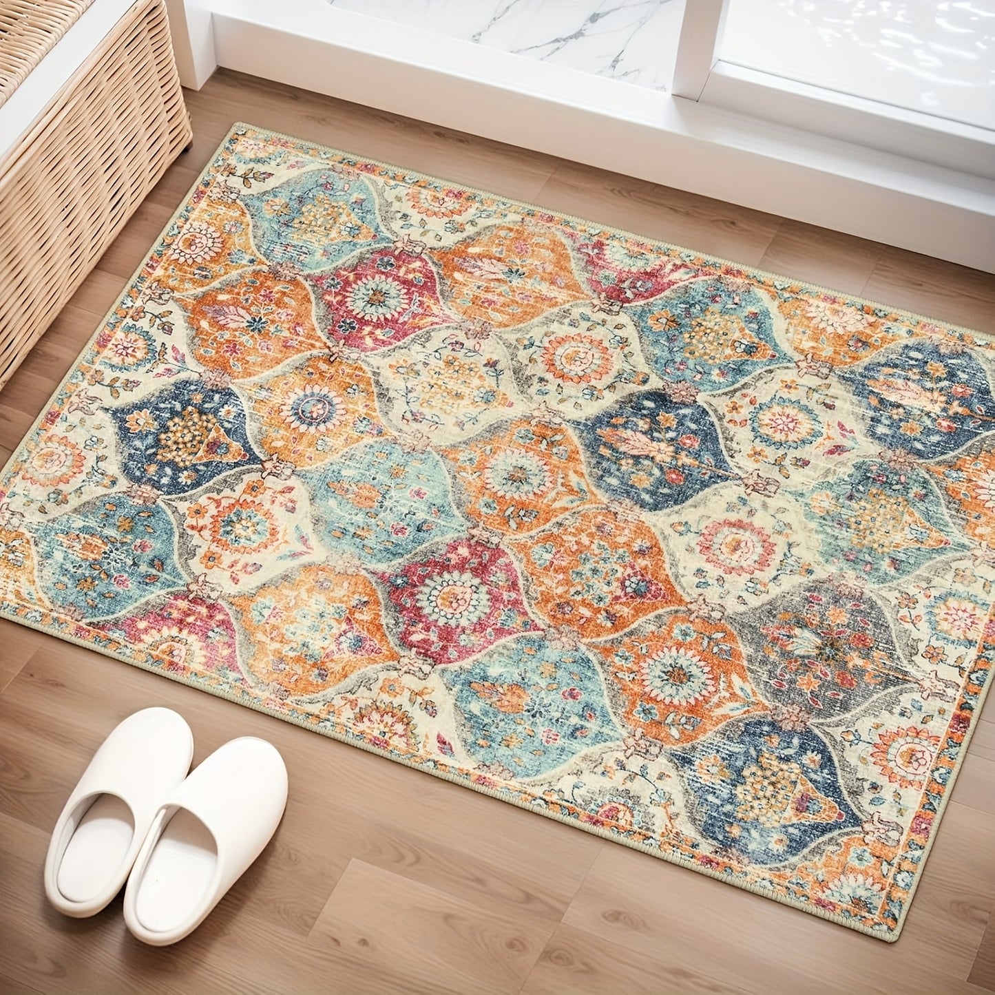 Boho Small Area Rug, Entryway Non-Slip Vintage Ultra-Thin Washable Indoor Door Mat Distressed Throw Home Decor Doormat For Bathroom Kitchen Bedroom