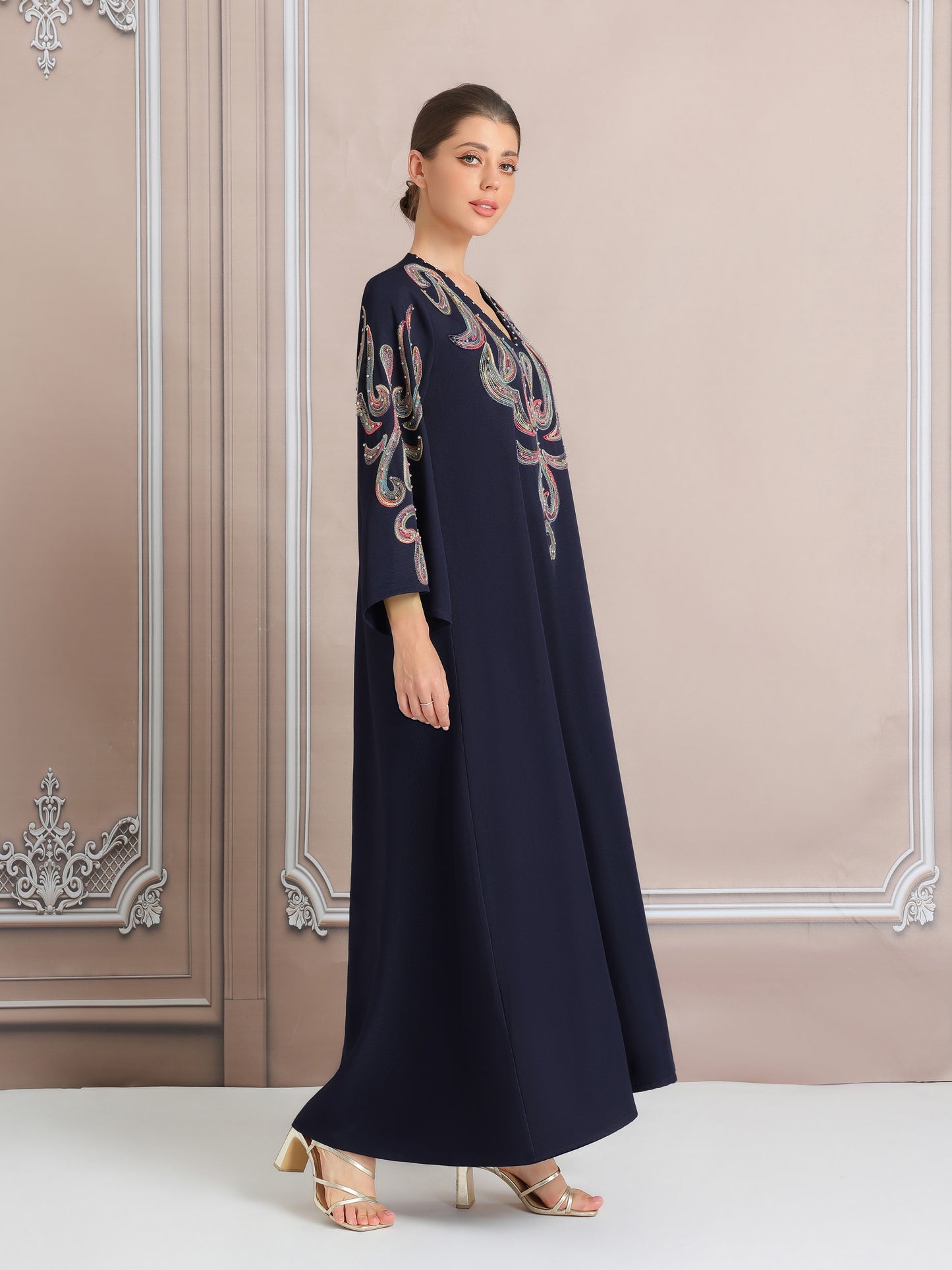 Women's Elegant Embroidered Kaftan Abaya, Long Sleeve Polyester 100% Regular Fit, Solid Color with Pearl Details, All Season Versatile Dress, No Belt, Woven Fabric