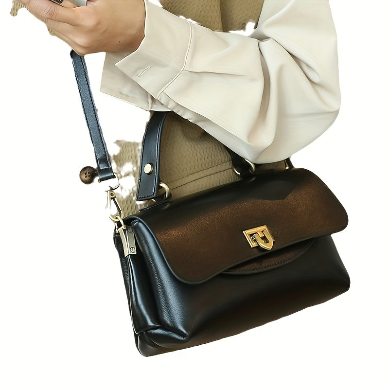 Genuine Leather Handbag for Women 2025 Vintage Lightweight Adjustable Crossbody Shoulder Bag with Snap Closure, Multiple Compartments