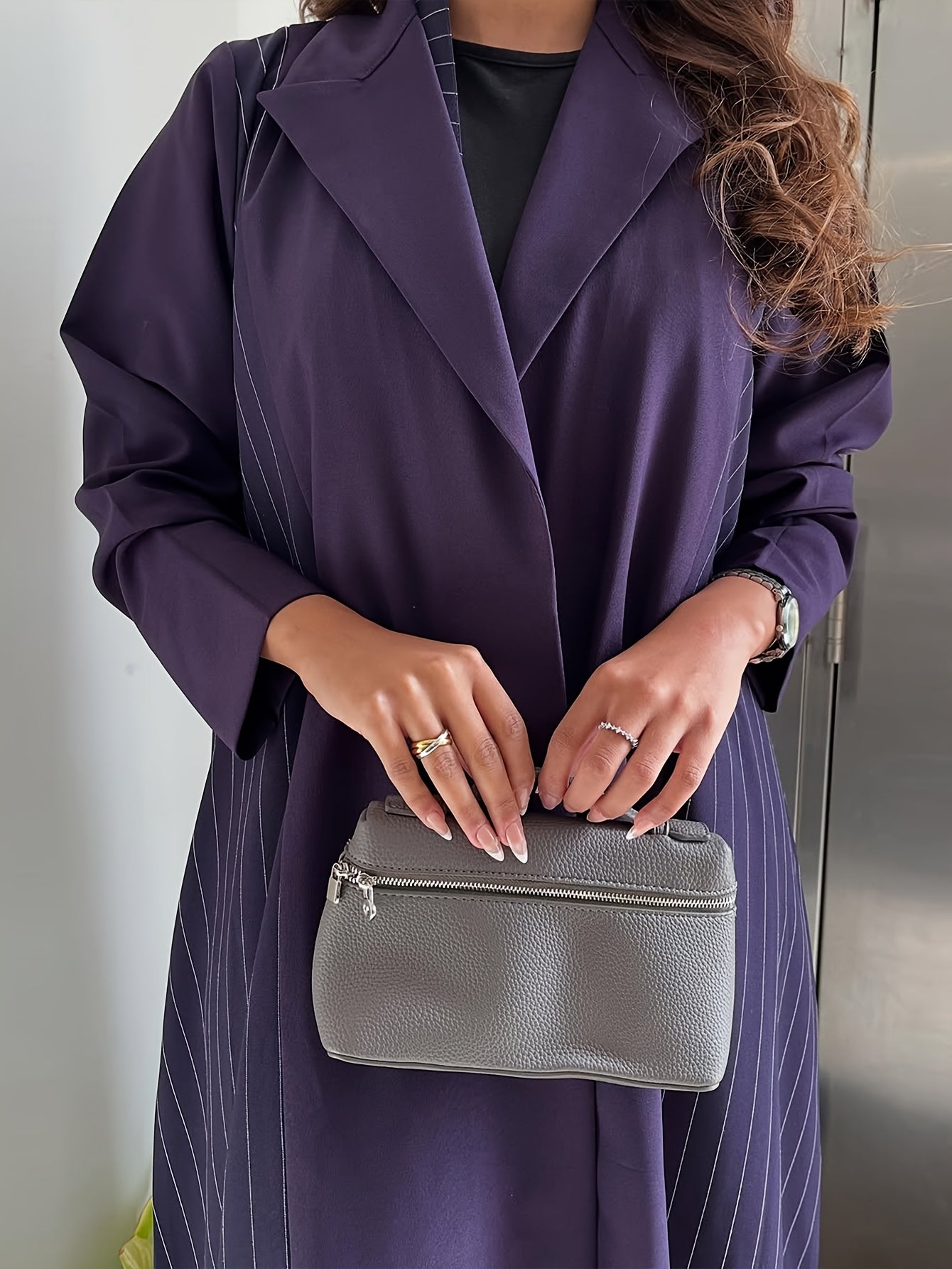 Women's Elegant Striped Purple Abaya Jacket - Long Sleeve Open Front with Lapel Collar, Loose Fit for Casual & Formal Wear, Versatile All-Season Layering Piece, Cultural Fashion, Sophisticated Design