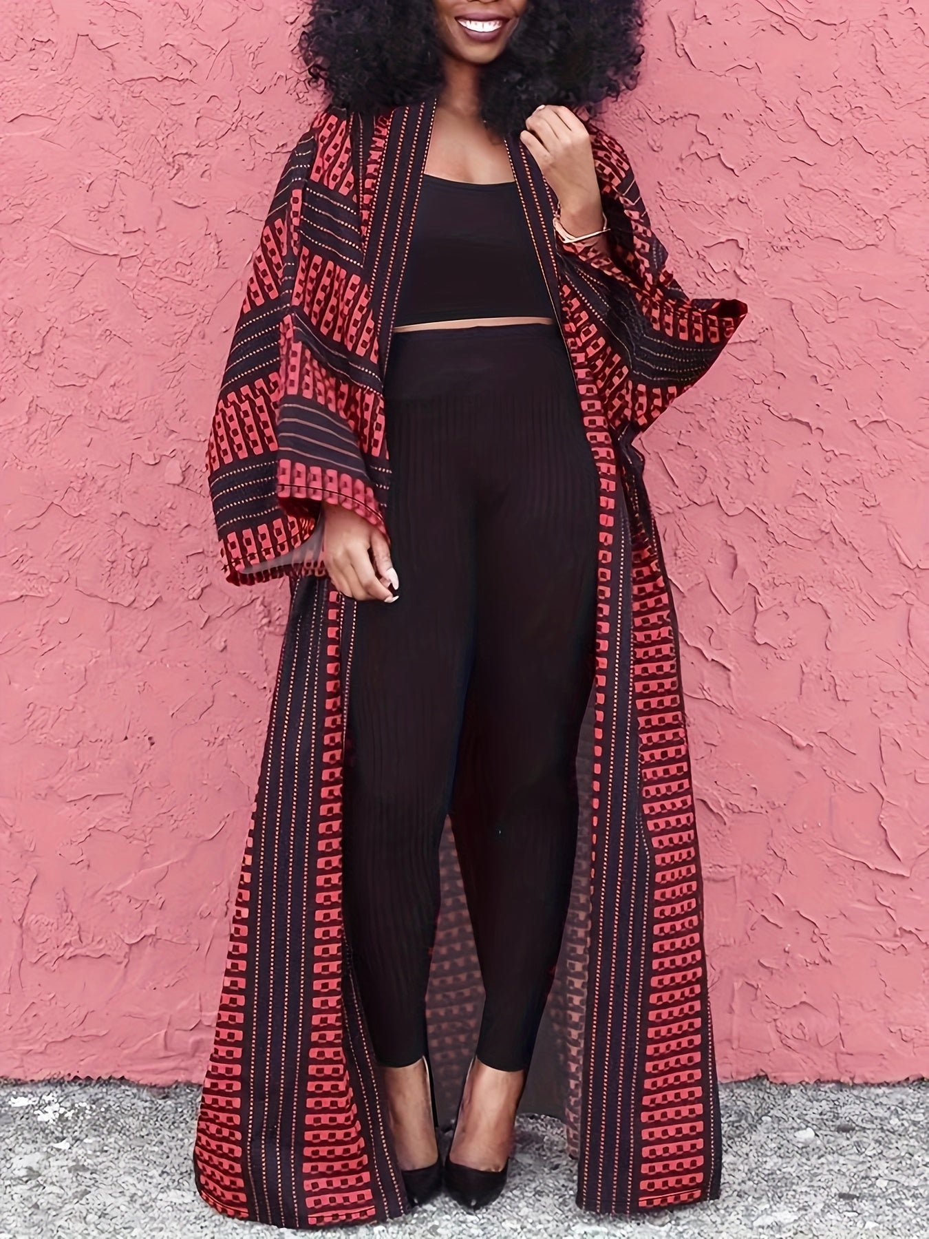 Chic Plus Size Open Front Kimono Abaya Cardigan - Casual & Versatile, Machine Washable, Polyester Blend with Elastane, Elegant Print Design