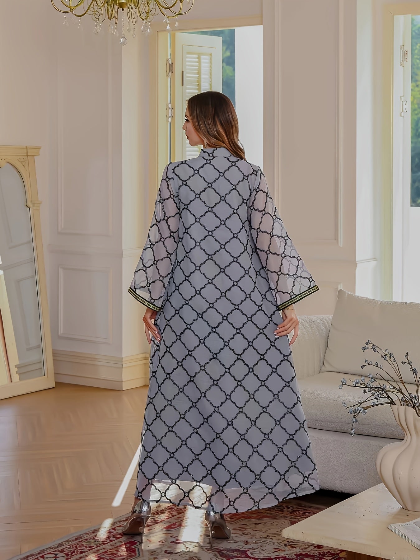 Elegant Black & White Geometric Sequin Embroidered Abaya - Long Sleeve Maxi Dress with Belt, Middle East Dubai Style Evening Gown for Women, Handmade Luxury Robe for Formal Occasions