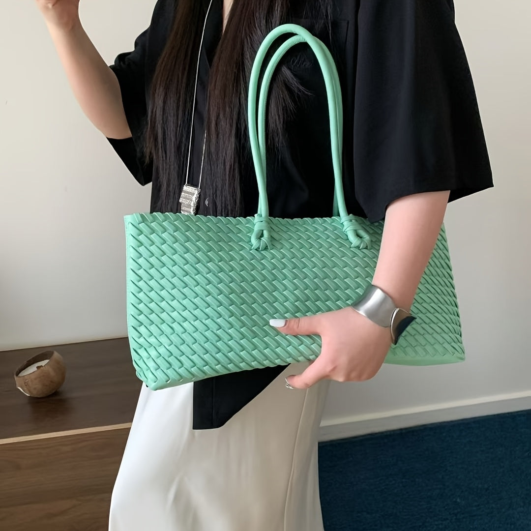 Women's Dual-Sided Woven Large-Capacity Tote Bag - Vegetable Basket Design Handbag with Top Handles & Detachable Shoulder Strap