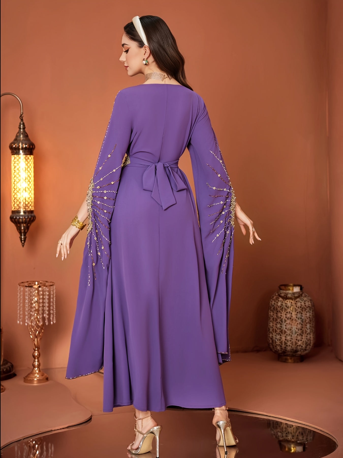 4006 Women's Loose-Fit Middle Eastern Modern Abaya Dress - Long Sleeve with Slit & Sequin Details, 100% Polyester Lightweight Spring/Summer Casual Elegant Dress for Modest Fashion