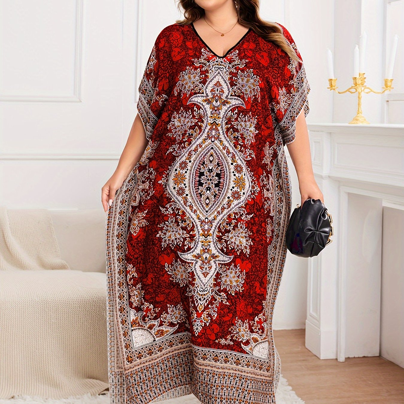 Plus Size, European and American Plus Size Women's Bohemian Vacation Dress with Middle Eastern Kaftan Abaya Style