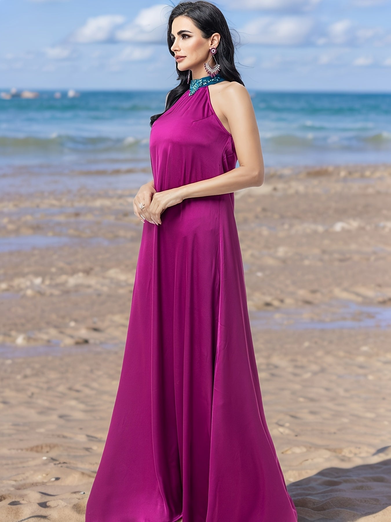 Elegant Purple Three-Piece Robe Set with Blue Sleeves and Sequined Collar, Featuring Modern Abaya Gown With Headscarf for an Air of Sophistication