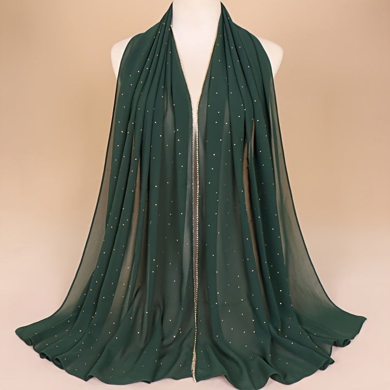 1pc Lightweight Breathable Chiffon Scarf with Sparkling Rhinestone Trim