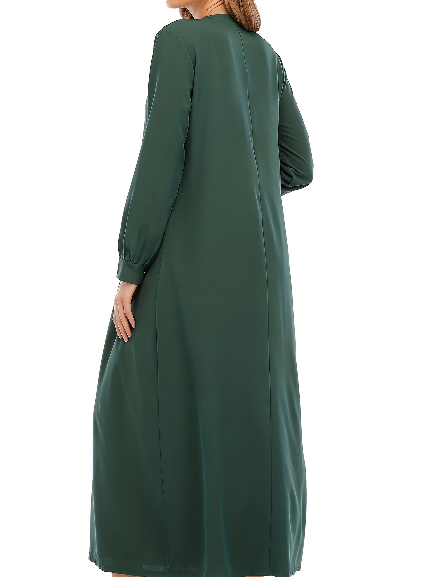 Ramadan Crew Neck Long Sleeve Modest Arabic Abaya, Solid Color Zipper Maxi Length Dress, Women's Clothing