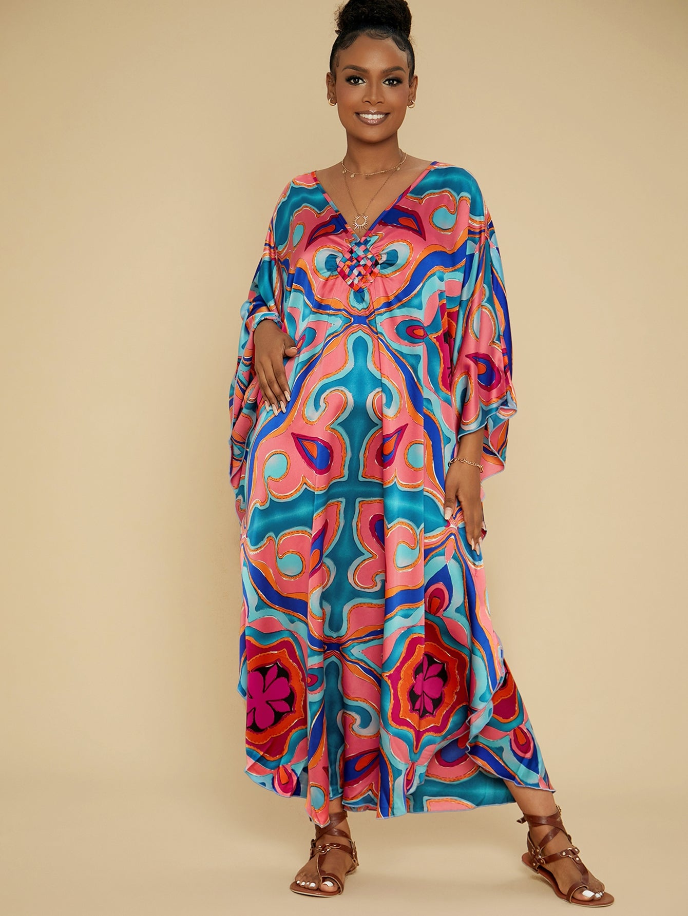 Kaftan Dresses for Women Colorful Stripe Print Crew Neck Beach Cover up Kaftan Robe Casual Home Vacation Bat Sleeve Large Size Swimwear Cover Up Side Split Dress Long Kaftan