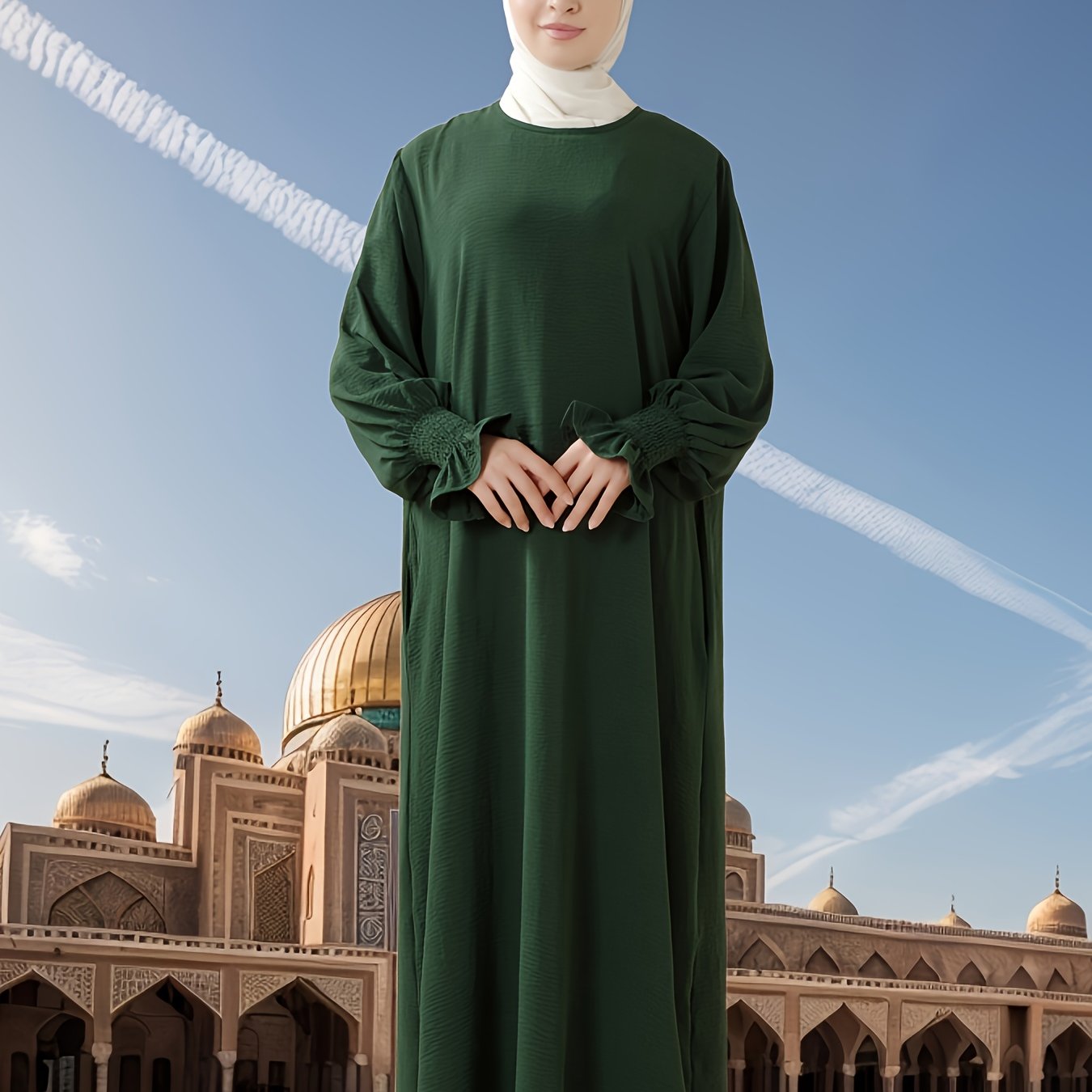 Elegant Long Chiffon Arabic Abaya with Elastic Sleeves - Solid Color, Flowing Design for Muslim Women, Perfect for Ramadan, Eid Al-Fitr, and Eid Al-Adha, Comfortable Spring & Summer Wear