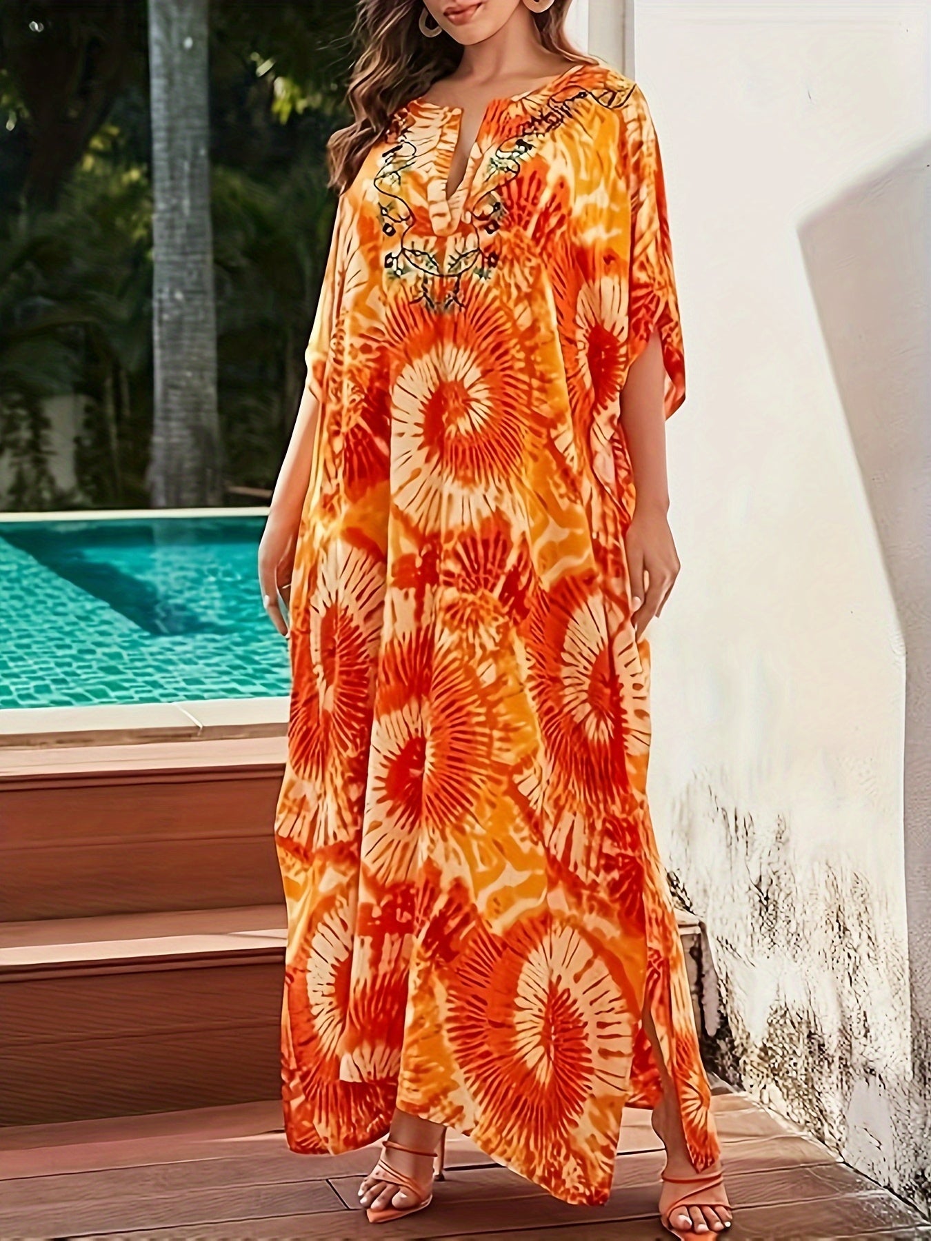 Orange Tie Dyeing Beach Kaftan Dress Summer Half Sleeve Swimsuit Cover Up Swimwear
