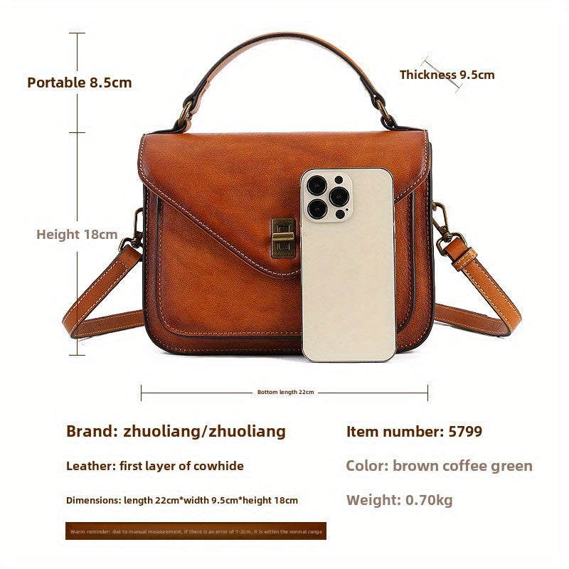 Women's Genuine Leather Retro Messenger Bag - Adjustable Crossbody & Shoulder Strap, Snap Closure, Durable Oil-Edged Trim
