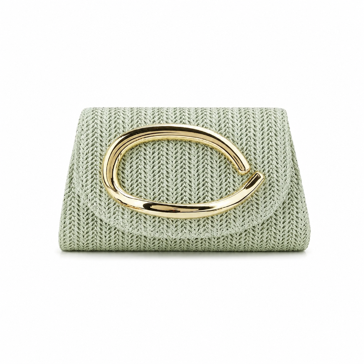 Sage Green Woven Clutch Bag with Gold Oval Handle