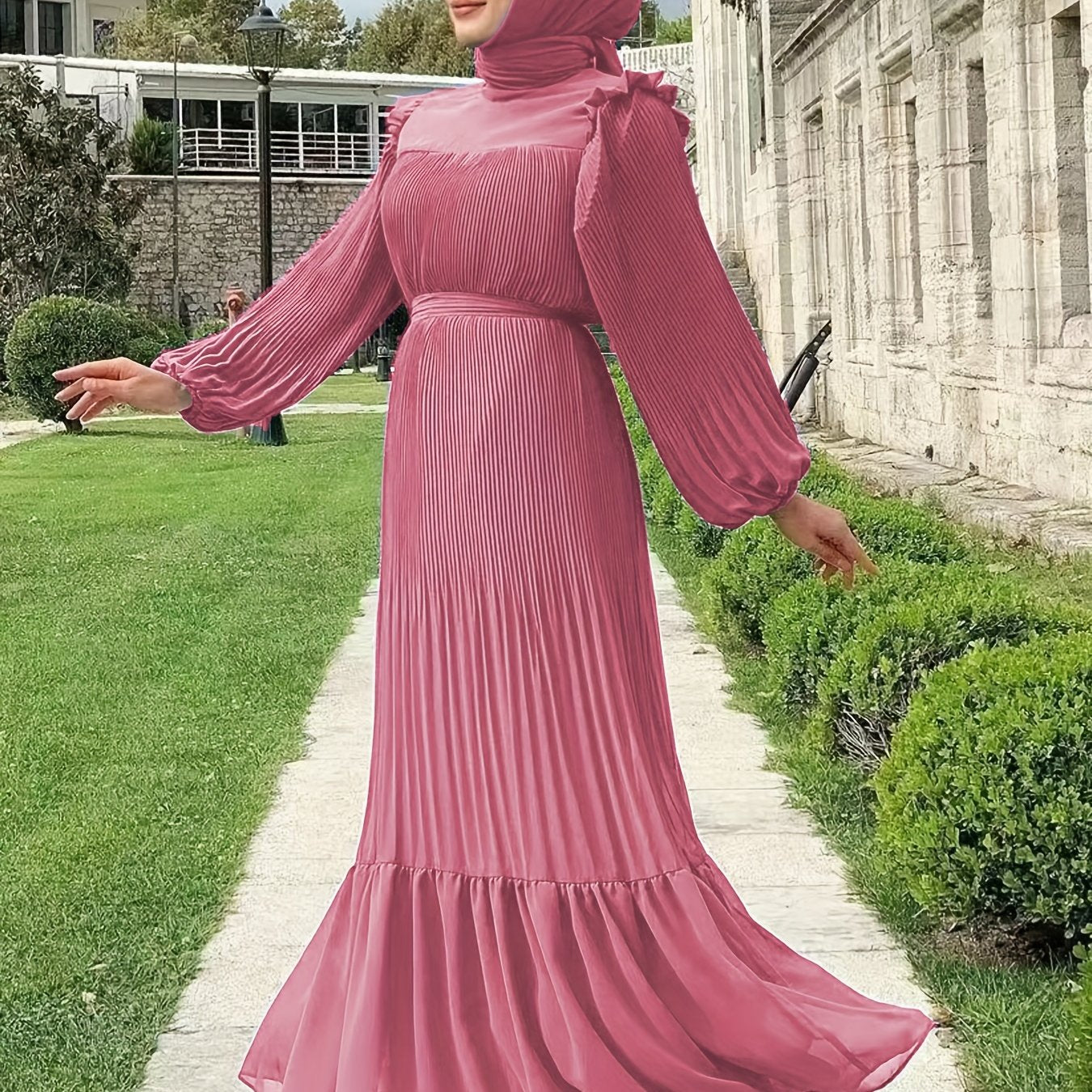 Women's Middle Eastern Muslim Baju Abaya Dress - Solid Color Pleated Long Sleeve with Belted Waist, Lightweight Breathable Fabric, Machine Washable Traditional Modest Dress