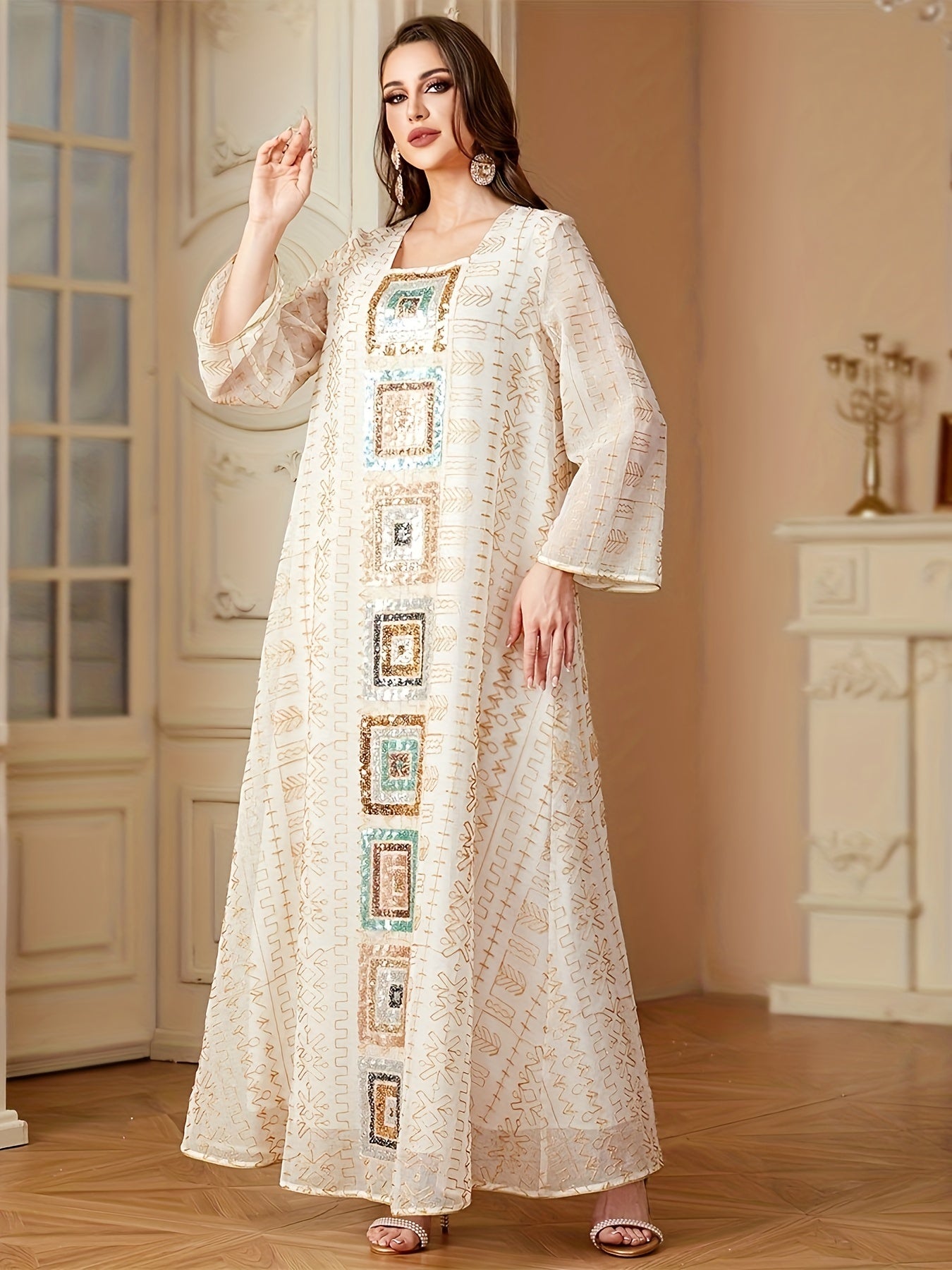 Muslim Sequin Patchwork Dress Women's Jalabiya Ramadan Morocco Dubai Mesh Fashion Kebaya Loose Kaftan Abaya