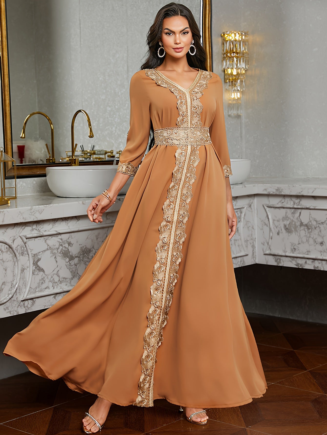 Elegant Golden Contrast Lace Detail Maxi Palestinian Abaya - V-Neck, Long Sleeve, Polyester, Formal or Evening Wear for Women, Formal Occasion Attire | Lace Detailing | Polyester Fabric