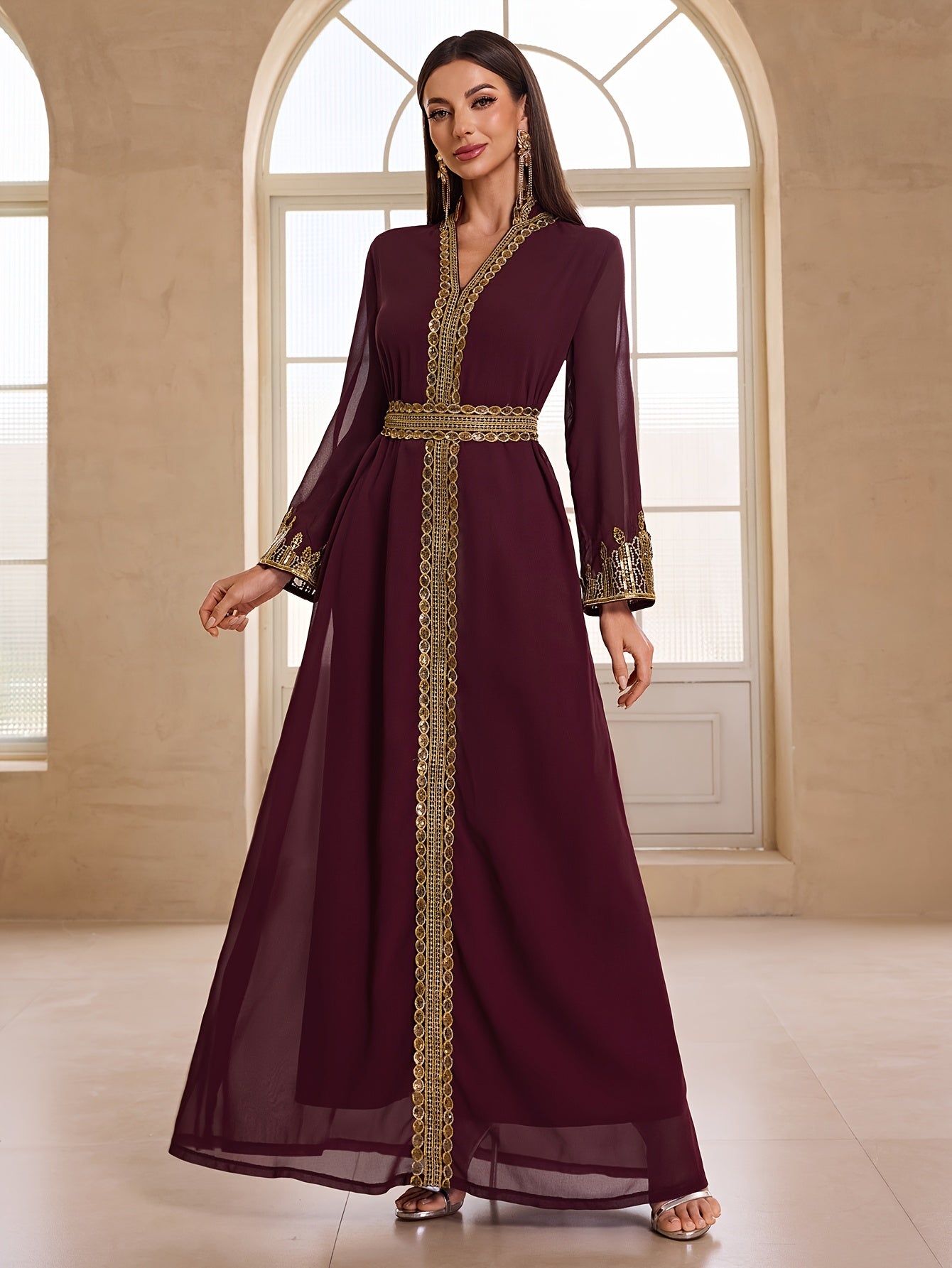 Elegant Women's Banquet Evening Modern Abaya - Maroon Chiffon with Golden Lace Embroidery, Stand Collar, Long Sleeves, and Waistband, Perfect for Formal Events, Formal Evening Wear