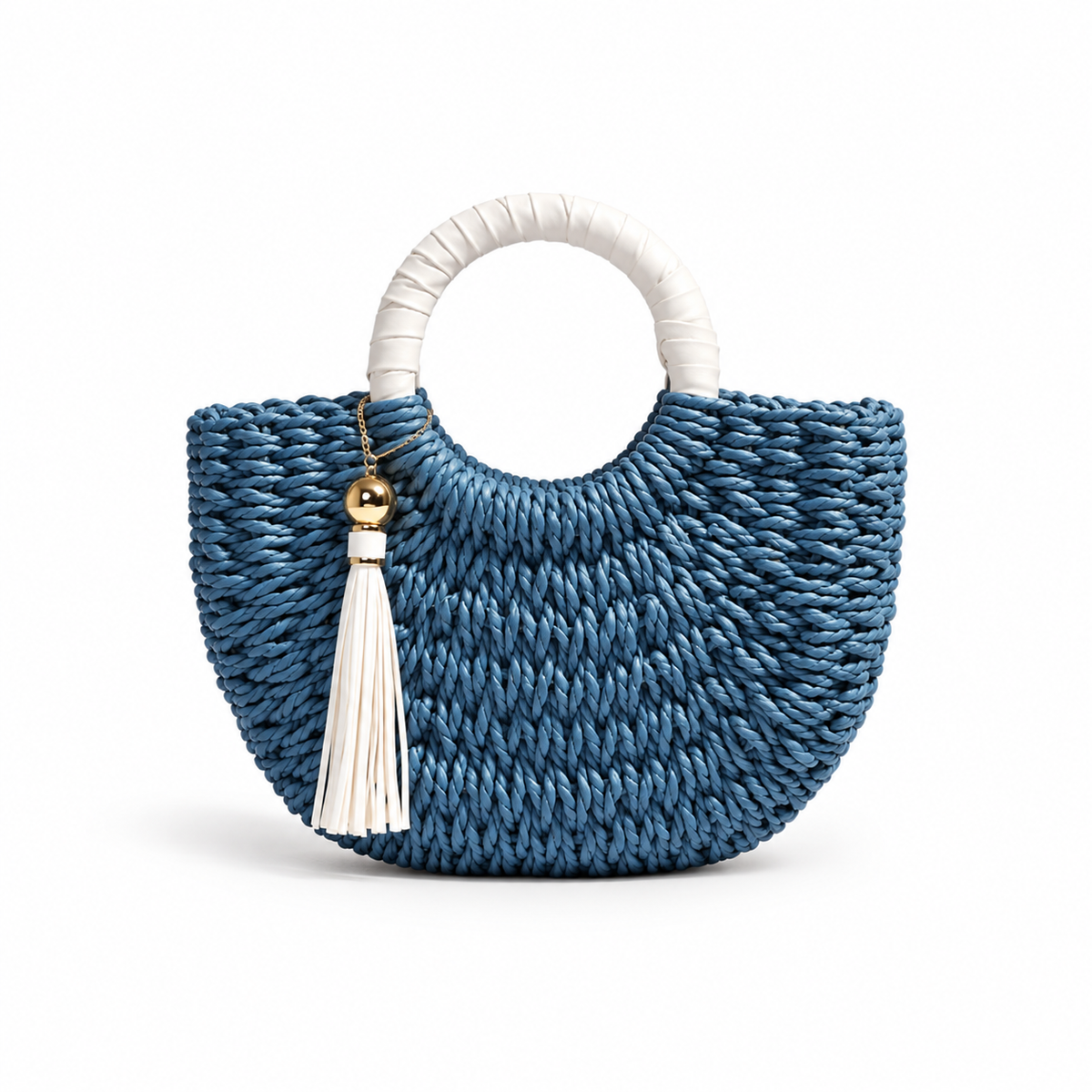 Blue Woven Tassel Ring Handle Handbag
