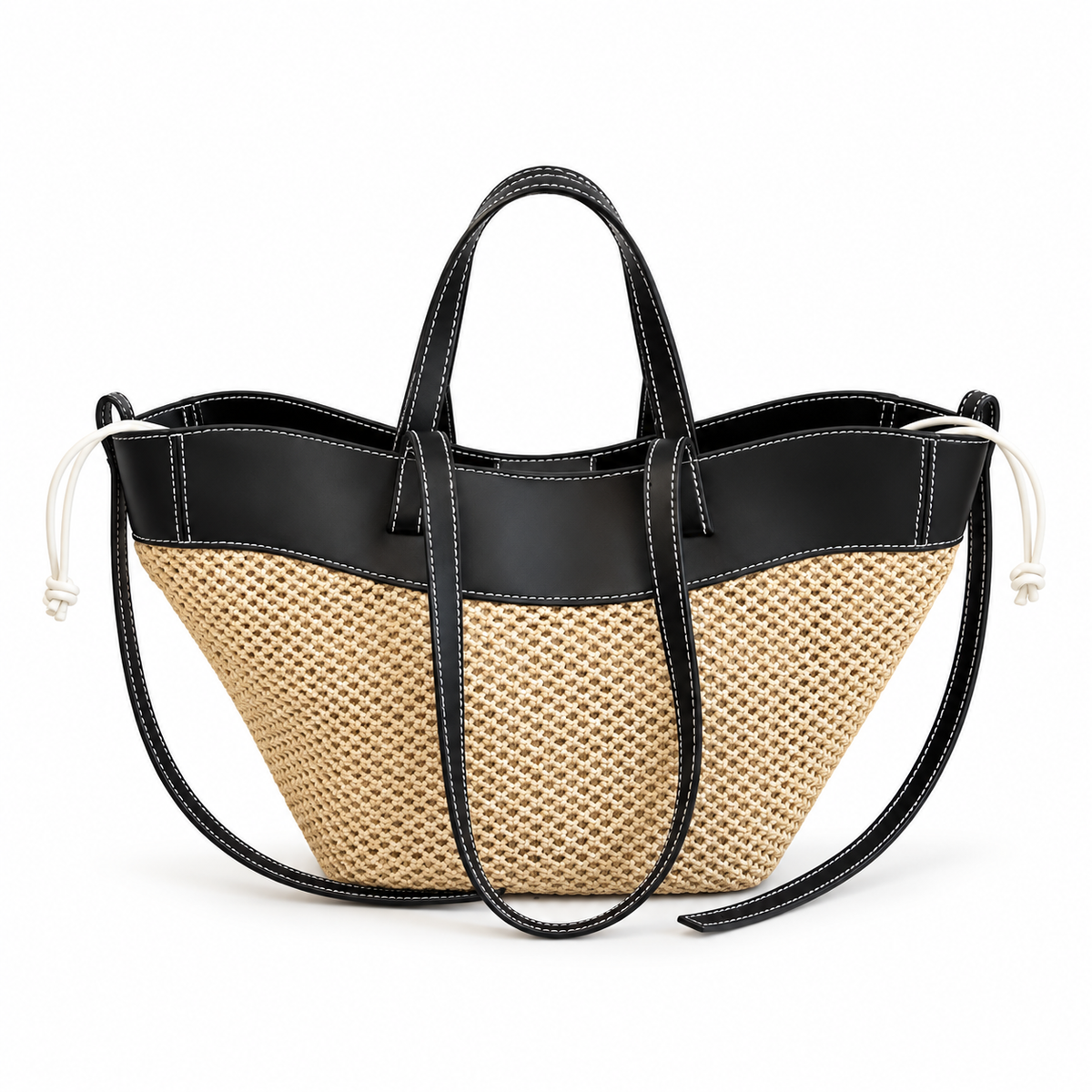 Beige Woven Tote With Black Trim