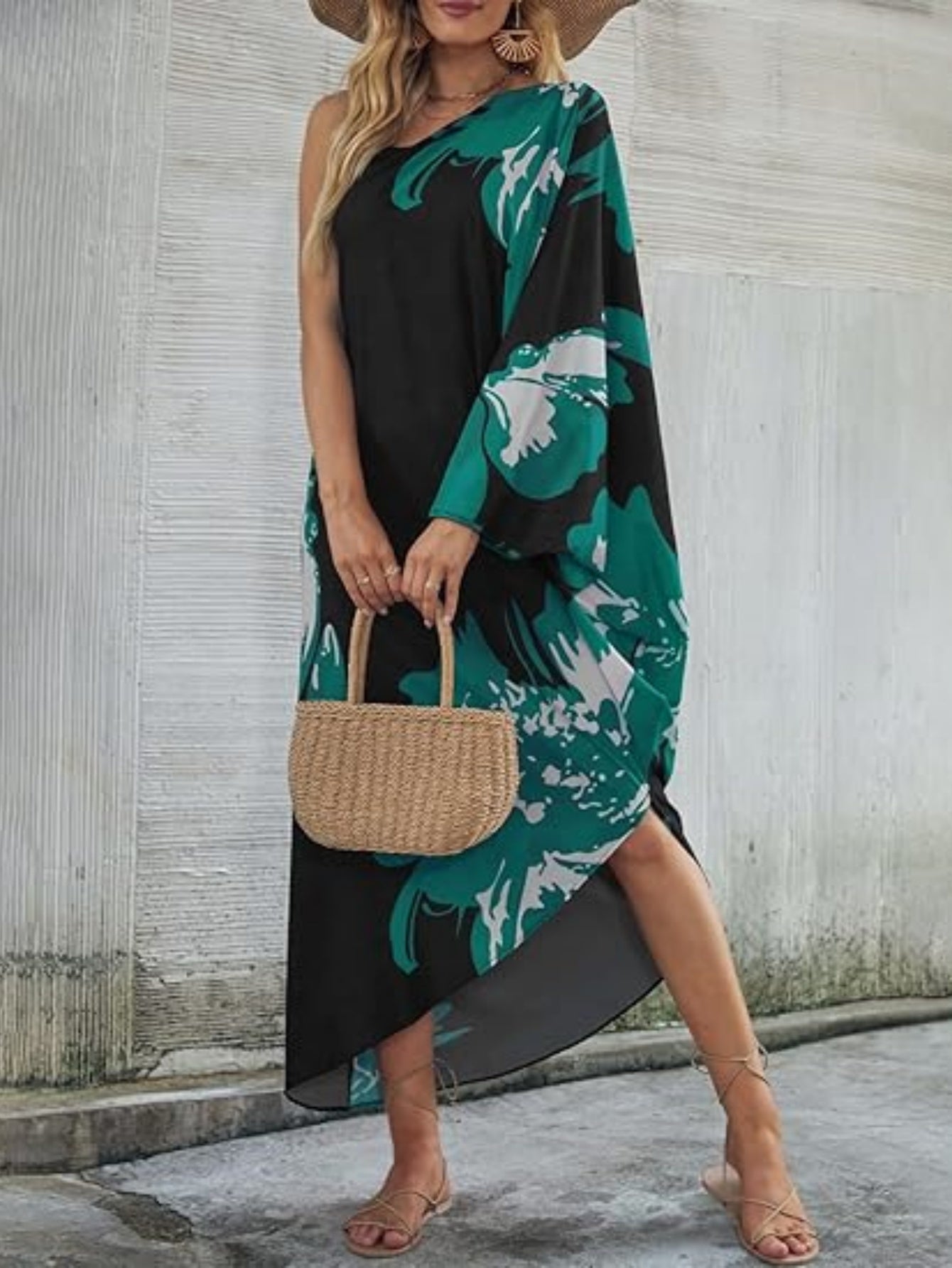 Women'S Elegant Kaftan Dress - V-Neck, Long Sleeve, Flowy Beach Cover-Up with Orange & Black Floral Print, Lightweight Polyester for Summer Vacation, Beach Dress