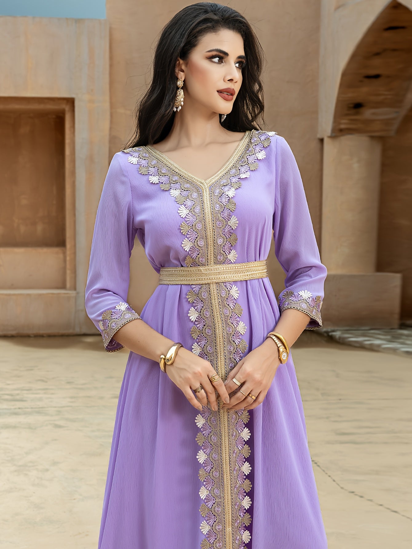 Women's Elegant Middle Eastern Turkish Abaya - Solid Color 100% Polyester with Lace Trim & Golden Accents, Long Sleeve Loose Fit for All-Season Wear, Hand Wash Only