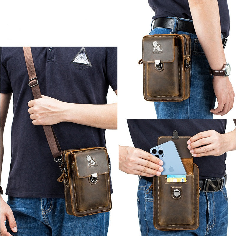 Men's Fashion Leather Crossbody Bag, Genuine Leather Top Layer Sling Cowhide, Retro Style, High-Quality Waist Pack