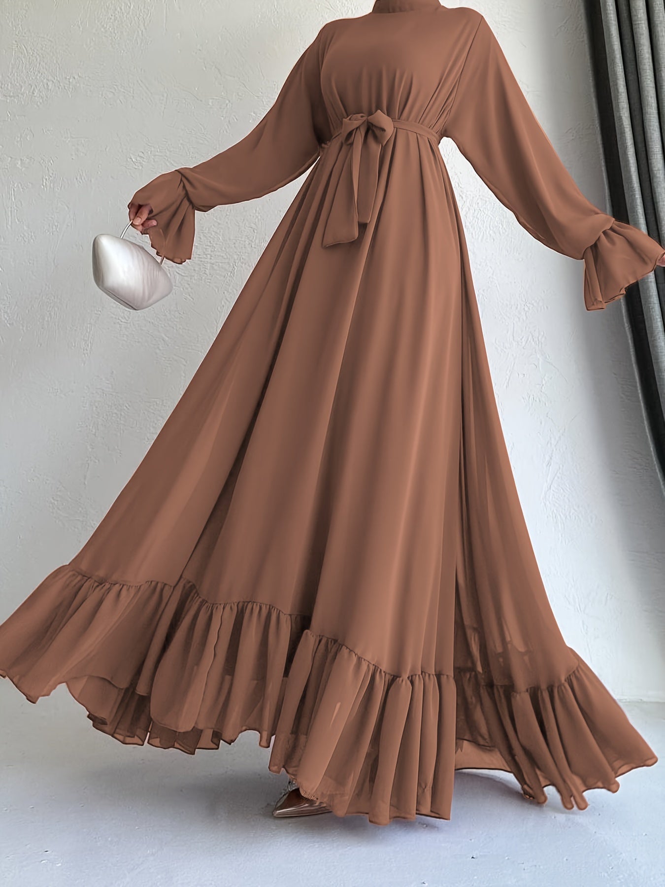 Stunning Solid Color Belted Peplum Maxi Dress - Elegant Palestinian Abaya for Women with Long Sleeves, Pleated Design, and Flattering Silhouette for Spring and Fall Seasons - Chic and Modest Clothing