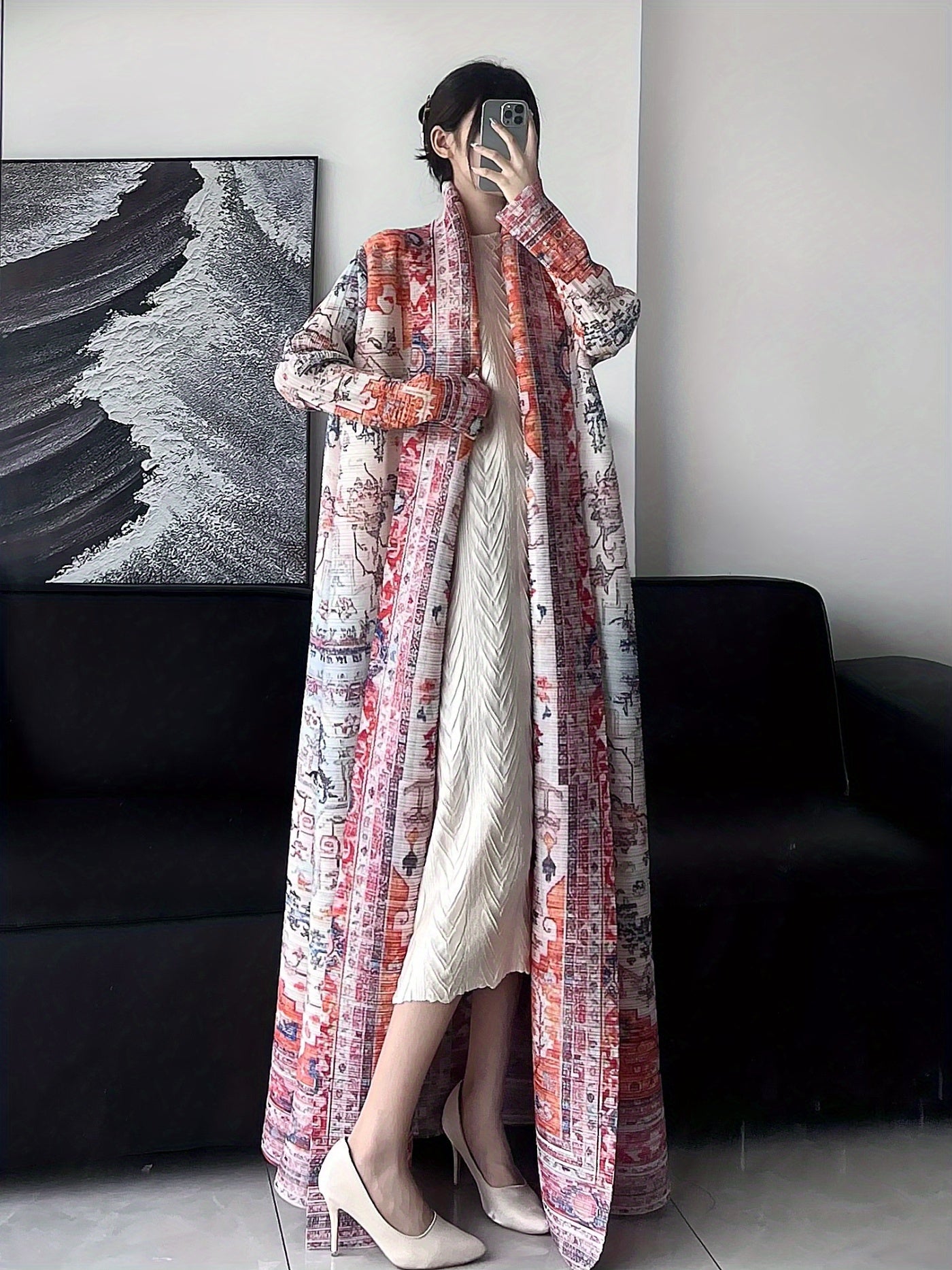 2025 Summer New Collection - Miyake Geometric Print Kimono Cardigan, High Elasticity, Long Sleeve, Open Front Abaya, Loose Fit, Lightweight Fabric, Perfect for Ramadan, Eid Al-Fitr