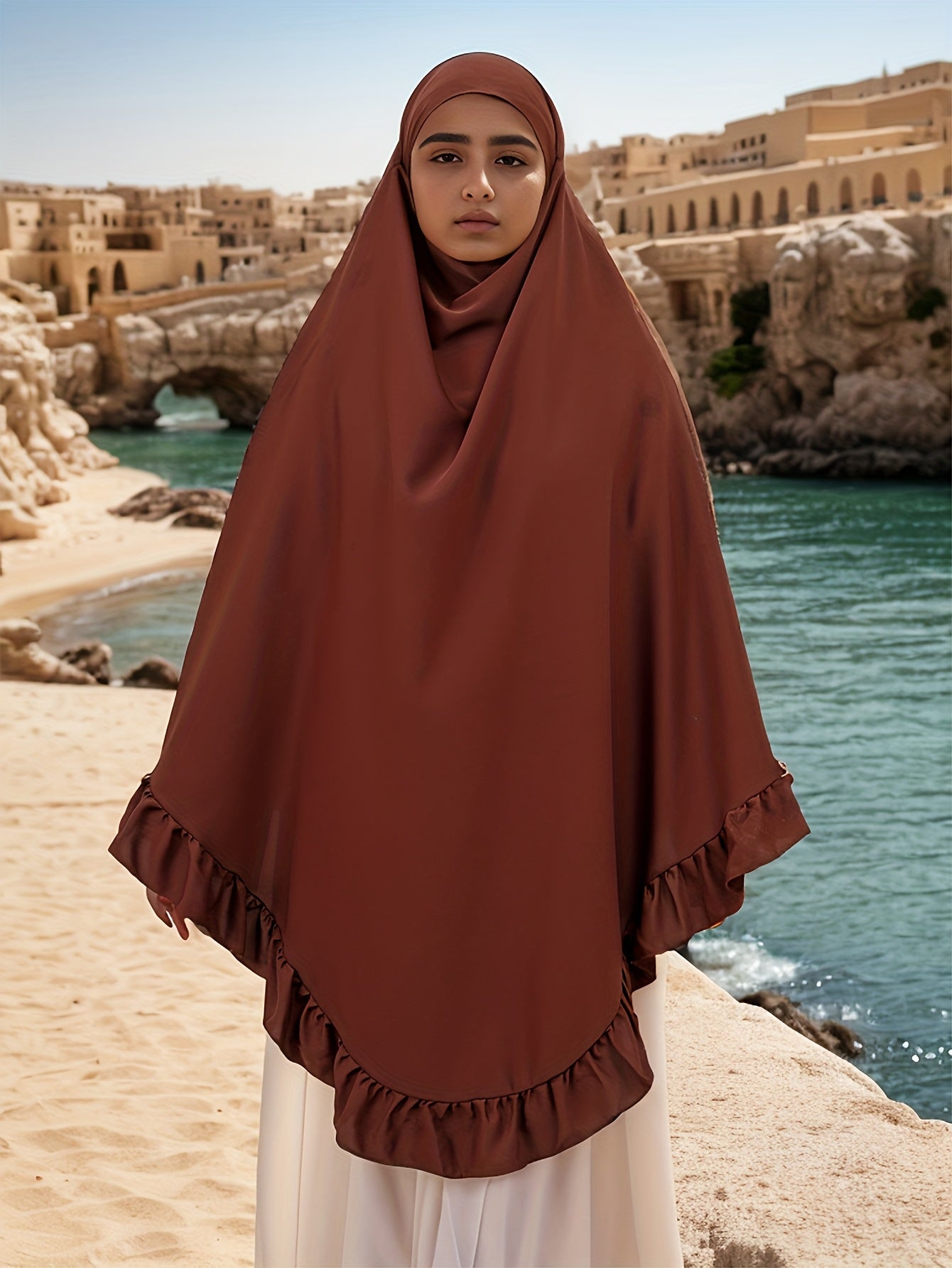 1pc Muslim Prayer Khimar Abaya Burqa - Arabian Style Modest Covering with Ruffled Hem & Wooden Edge, Machine Washable All-Season Solid Color Brown Hijab Scarf, Prayer Shawl for Women