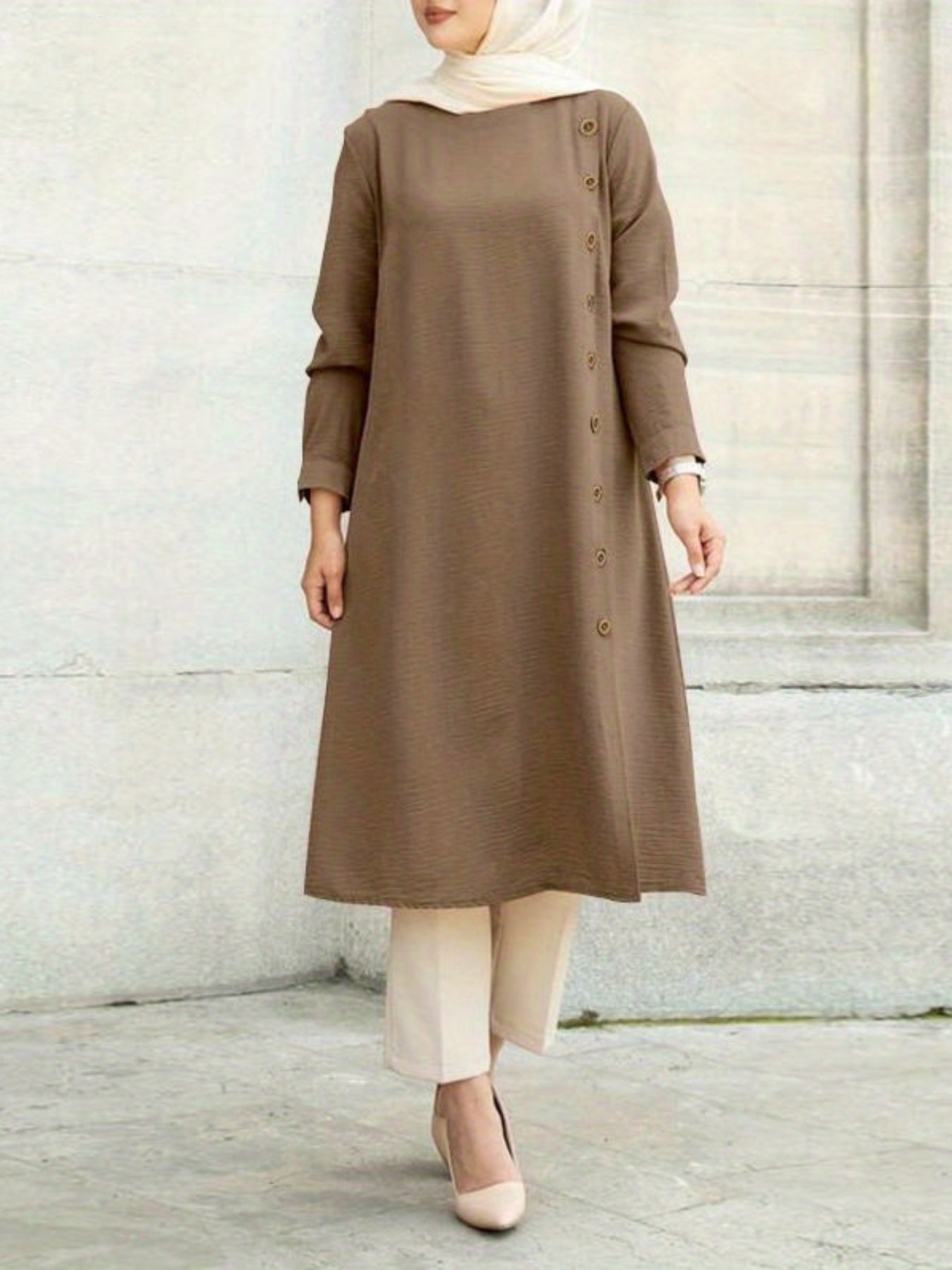Women Kaftan Abaya Dress Elegant Solid Color Ethnic Style Long Sleeve
