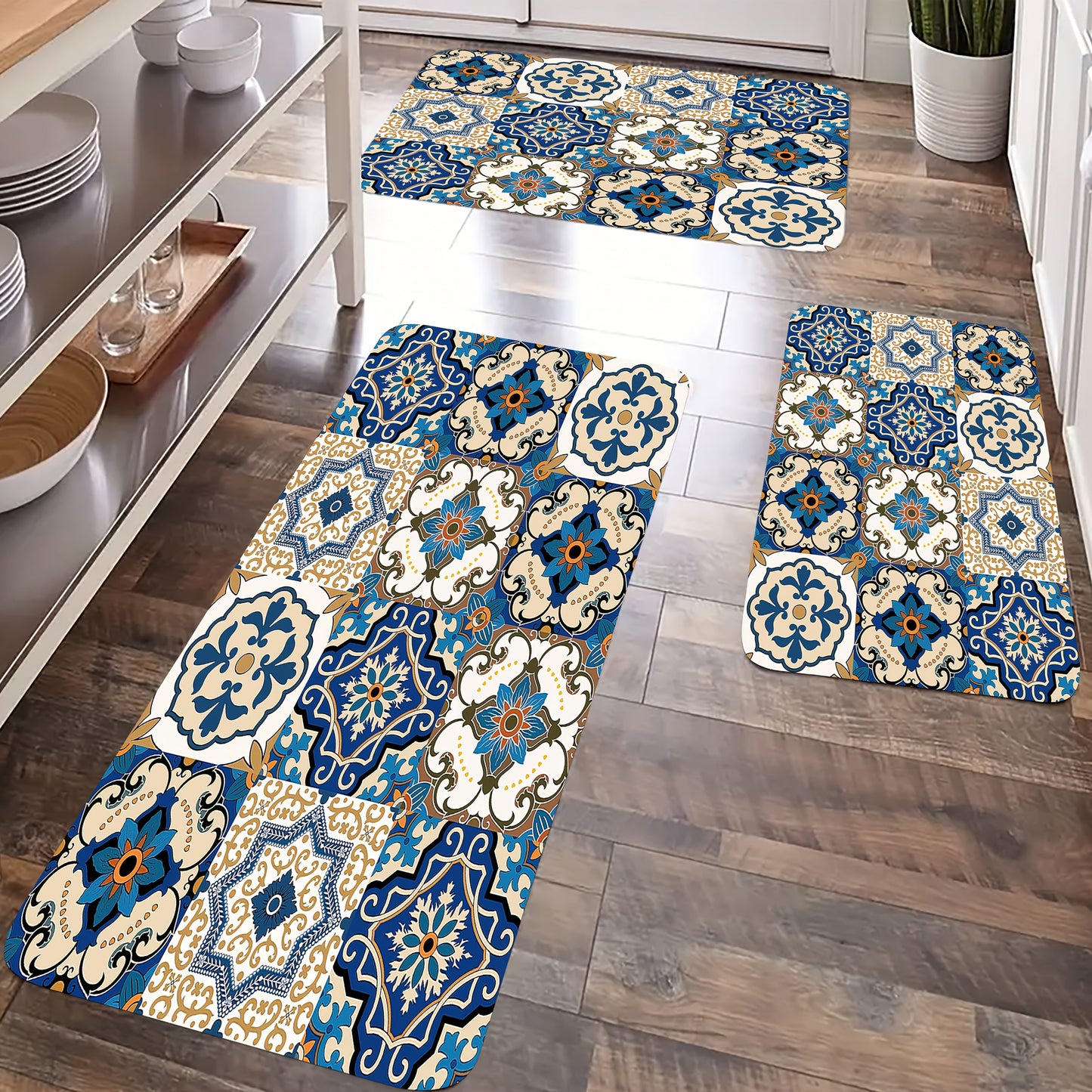 Sponge Thickness 10mm Density 18D Square Meter Weight 500g Set of 1/2/3 Kitchen Bathroom Rugs, Decorative Mats with Traditional Portuguese or Moorish