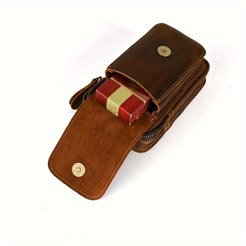 Men's Retro Genuine Leather Belt Bag - Anti-Theft Lightweight Belt Clip with Multiple Zippered Compartments for Phone & Essentials