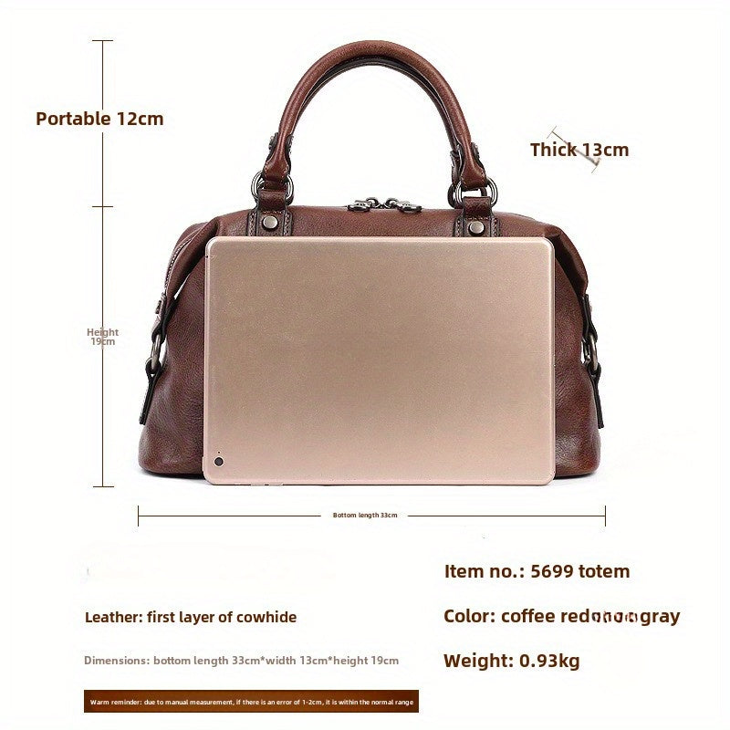 Women's Genuine Leather Satchel Business Handbag - Light Brown Geometric Retro Totem Design, Large Capacity Convertible Shoulder/Handbag with Adjustable Strap