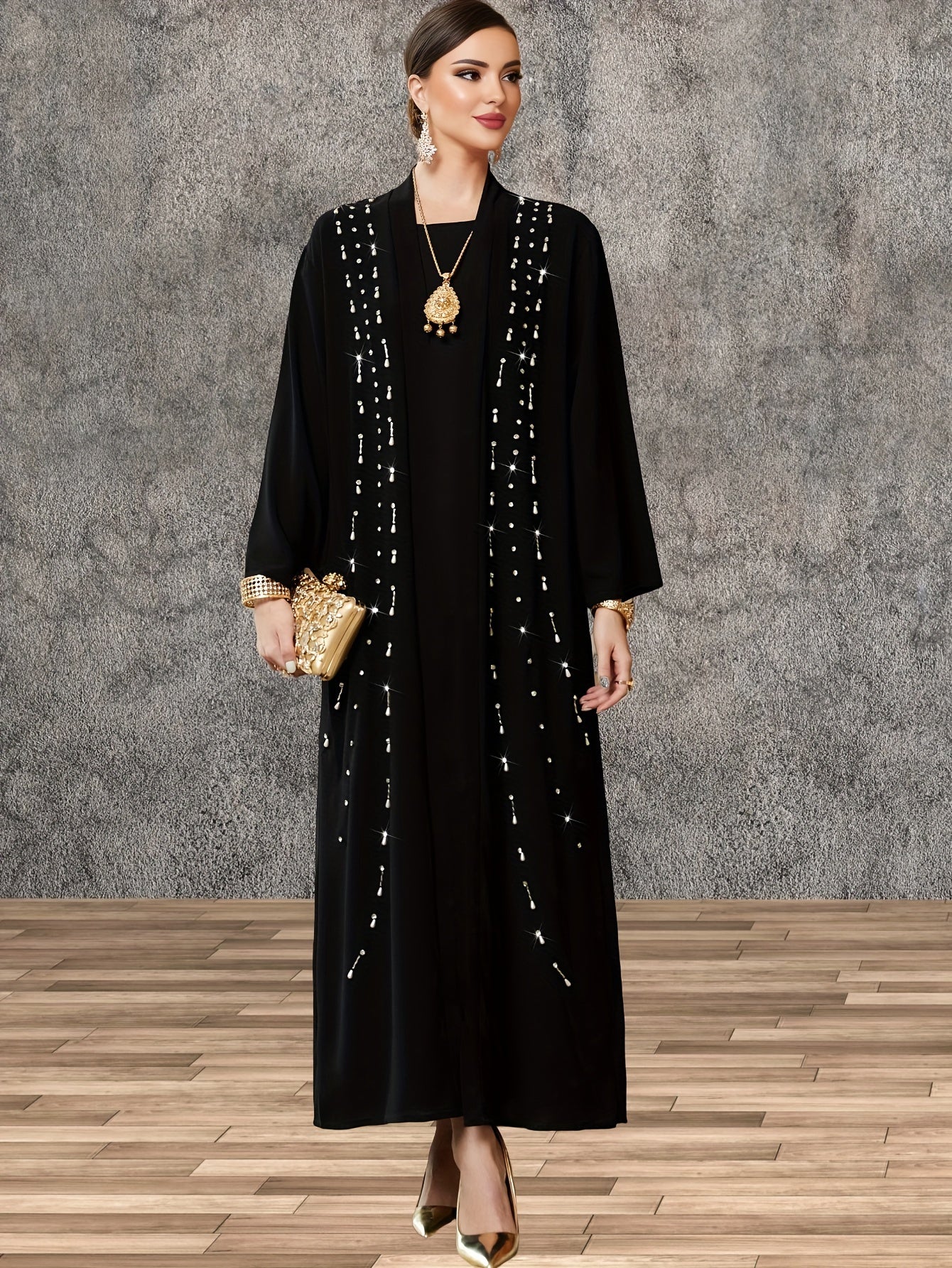 Elegant Black Maxi Kaftan Cardigan with Pearl Accents - Long Sleeve, Open Front Abaya, Polyester, Non-Stretch Fabric for Women | Ideal for Middle Eastern Style & Travel Outfits