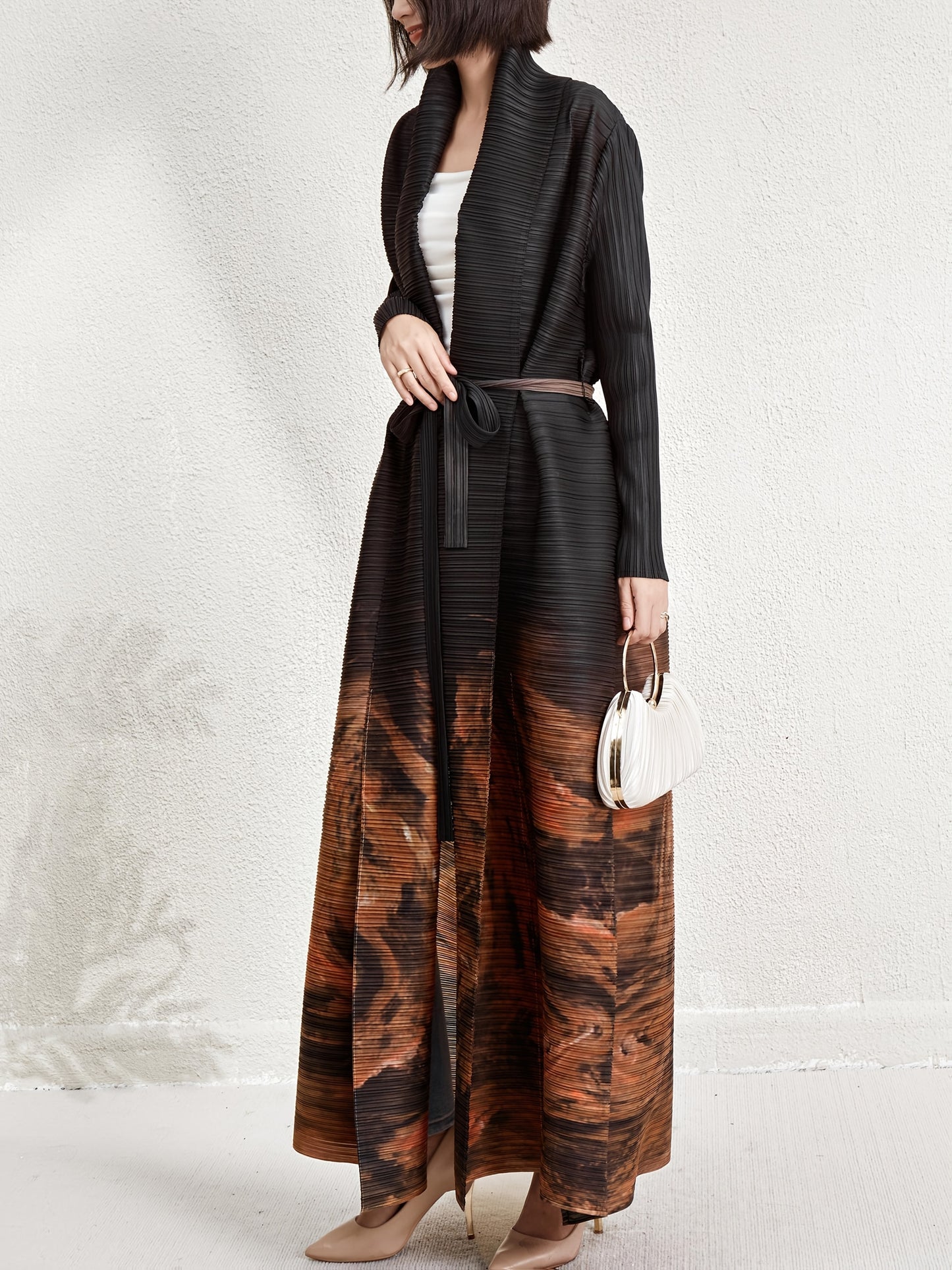 Elegant Middle Eastern Dubai Vacation Abaya Robe - Plus Size Loose Fit Pleated Geometric Print Open Front Cardigan Dress, High Elasticity Machine Washable Long Sleeve Belted