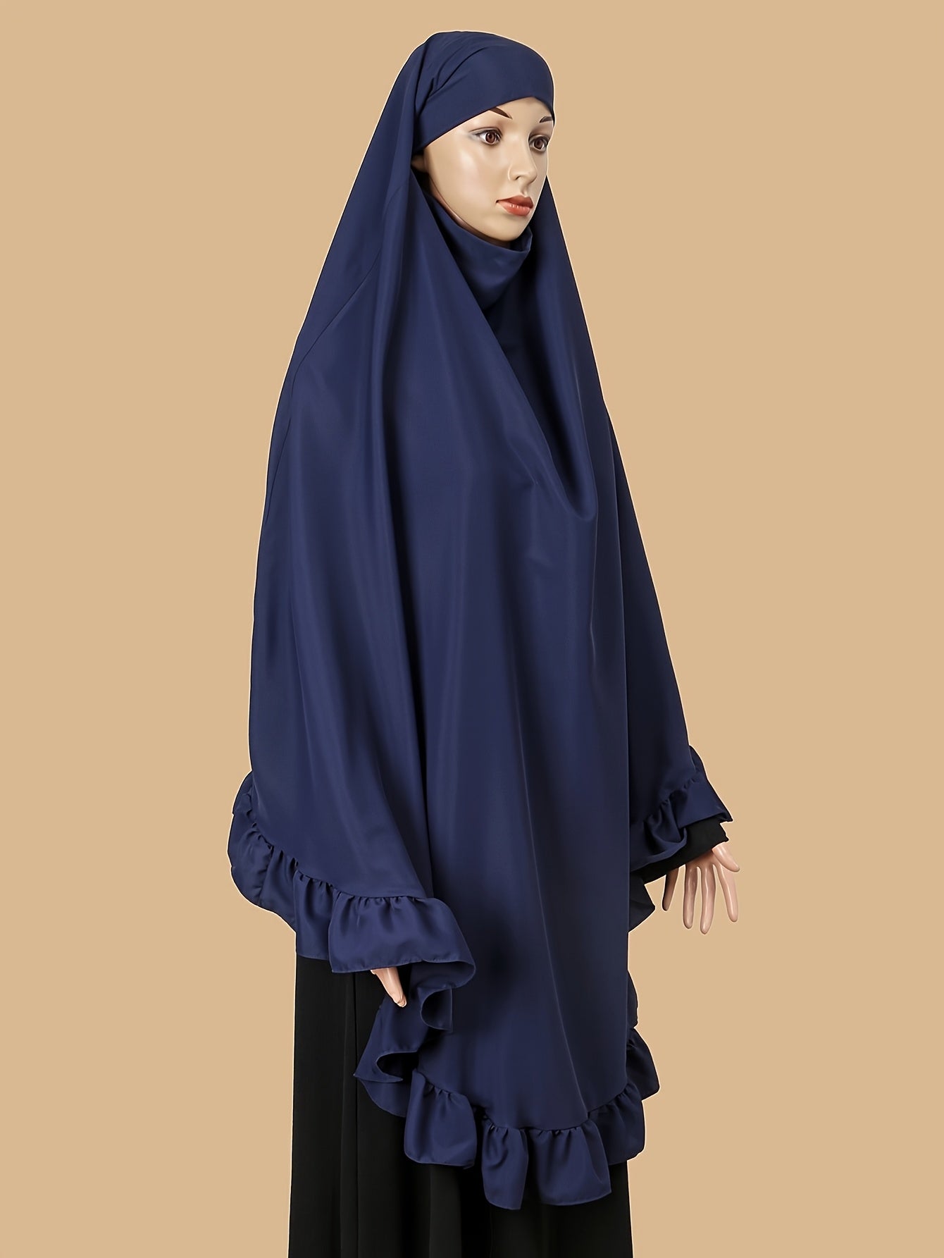 1pc Muslim Prayer Khimar Abaya Burqa - Arabian Style Modest Covering with Ruffled Hem & Wooden Edge, Machine Washable All-Season Solid Color Brown Hijab Scarf, Prayer Shawl for Women