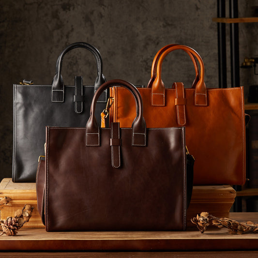 Men's Full-Grain Leather Business Tote & Laptop Bag - Minimalist Crossbody Messenger Bag with Adjustable Strap, Multiple Compartments