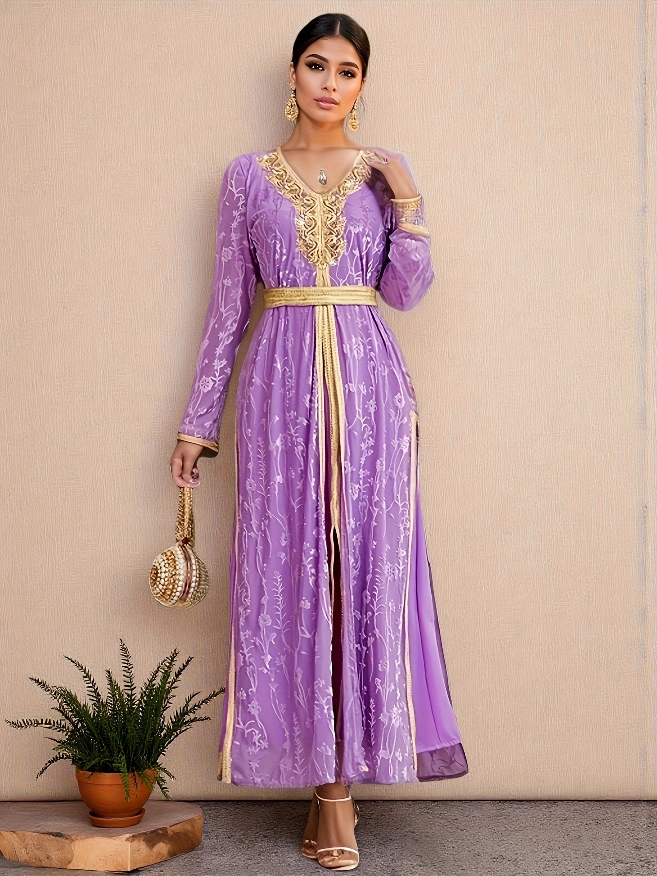 Elegant Women's Emirati Abaya Dress - Long Sleeve, Lace Detailing, Belted Waist, Flowing Design, Solid Purple, Perfect for Spring/Summer Casual Wear, Cultural Fashion, Elegant Attire | Flowing Abaya