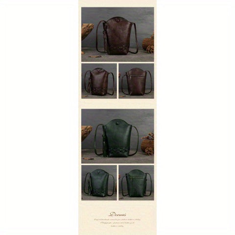 New Women's Bag with Design Sense, Retro Top-Grain Leather Cowhide Woven Phone Bag, Mini Crossbody Single-Shoulder Casual Fringed Bucket Bag
