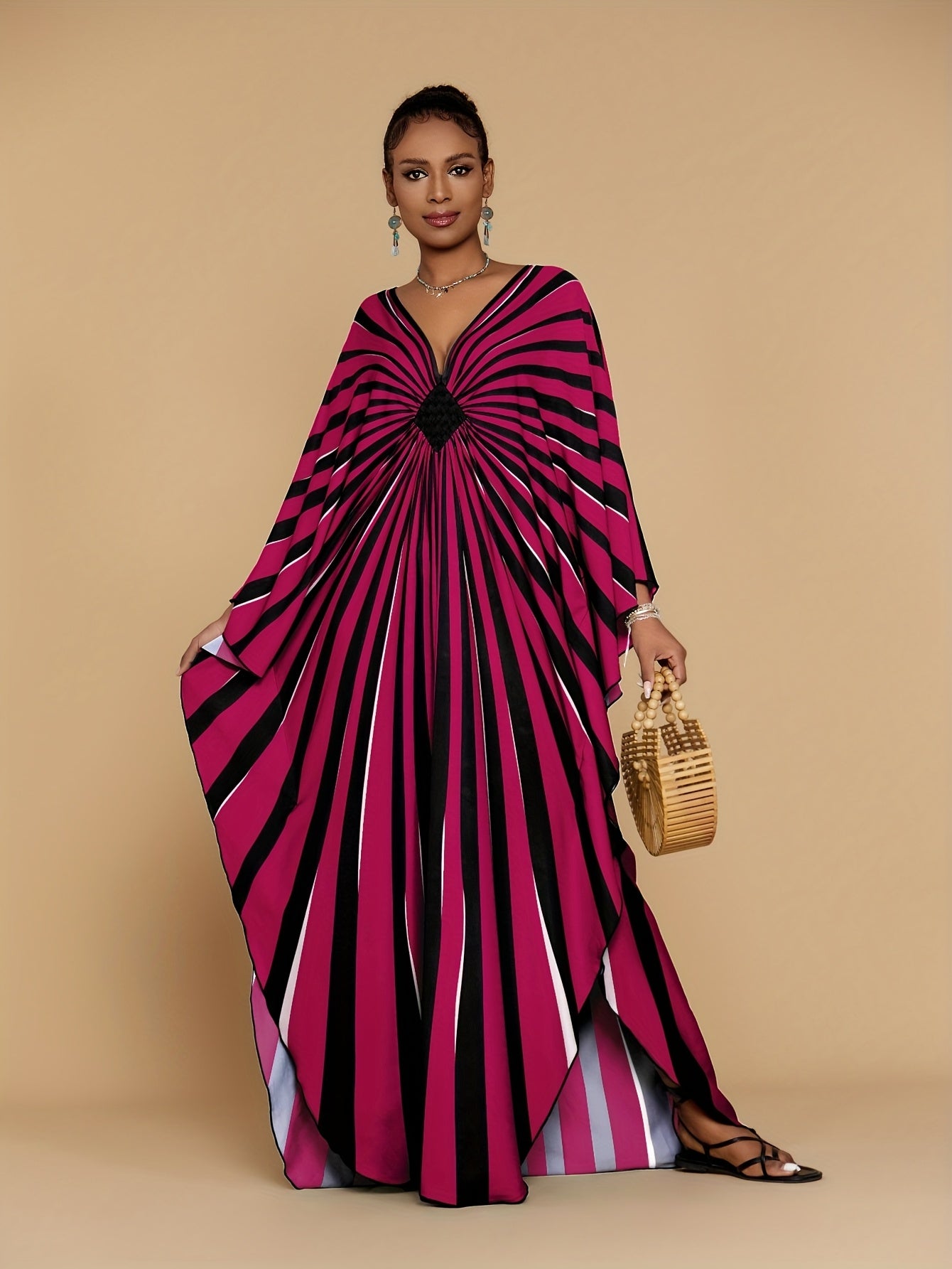 Plus Size - Bohemian Stripe Print Kaftan Dress for Women - V-Neck, Half Sleeve, Long Length, Lightweight Polyester, Perfect for Beach Coverup & Casual Vacation, Plus Size, Spring/Summer/Fall Wear, Beach Dress