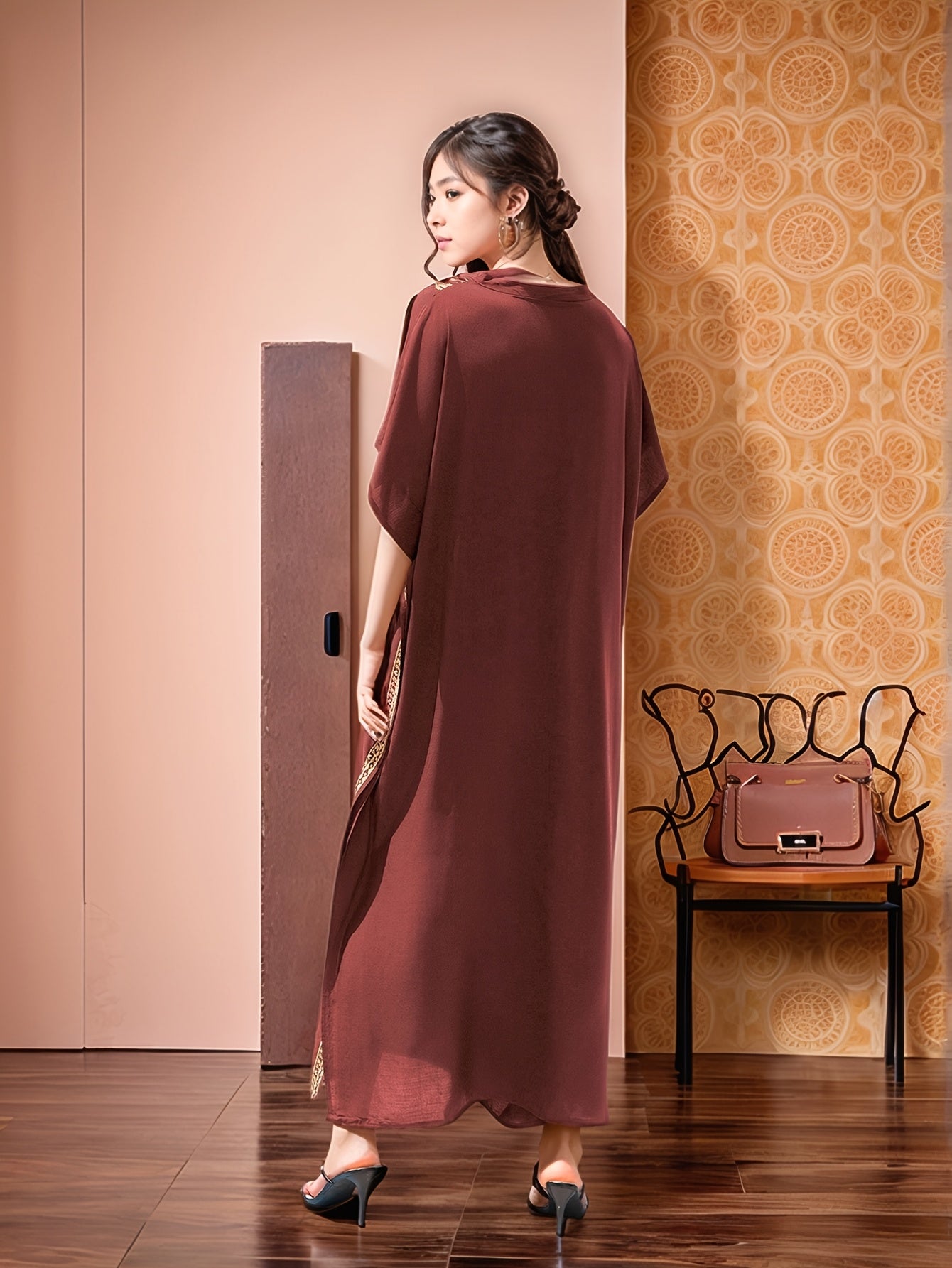 Elegant Gold Embroidered Resort Gown Kaftan Dress V-Neck Beach Blouse Kaftan