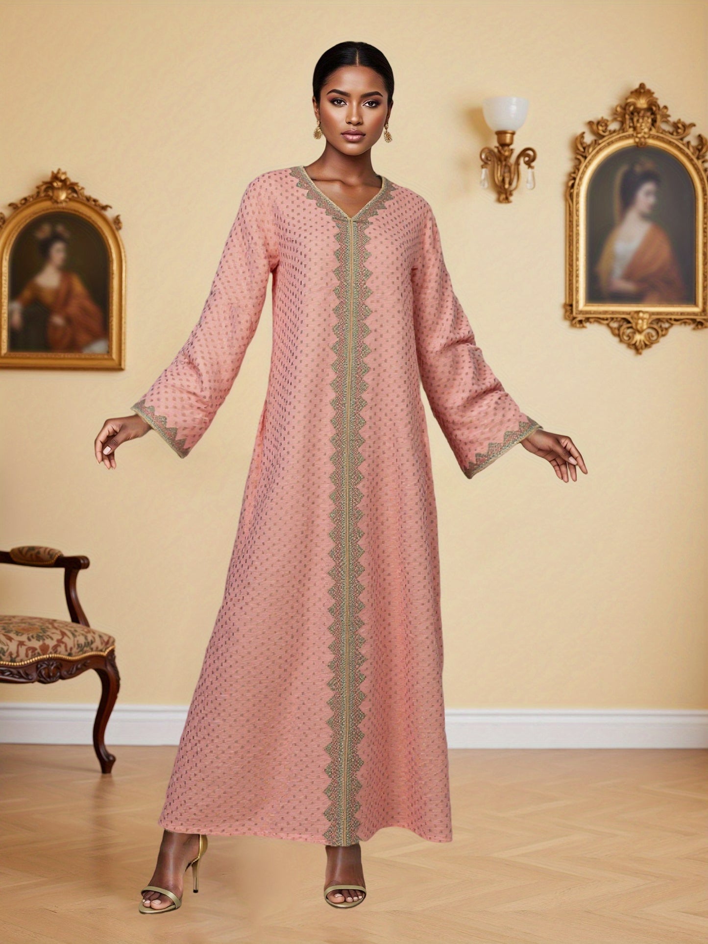 Elegant V-Neck Long Sleeve Baju Abaya Dress for Women - Green & White Polka Dot, Loose Fit with Pockets, Perfect for Daily Wear, Spring/Fall Fashion, Casual Attire | V-neck Dress | Polyester Fabric